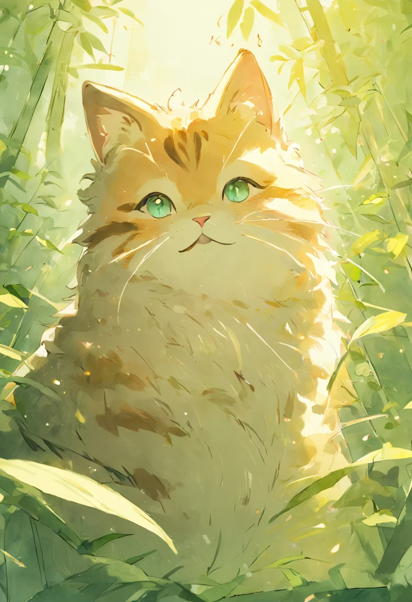 A cute furry cat playing with bees in a sunny bamboo glade, Warm light filters through the leaves. Detailed hair texture, Calm natural climate, gentle illumination. Traditional watercolor style. --AR 4:5 --s 400 --niji 5
