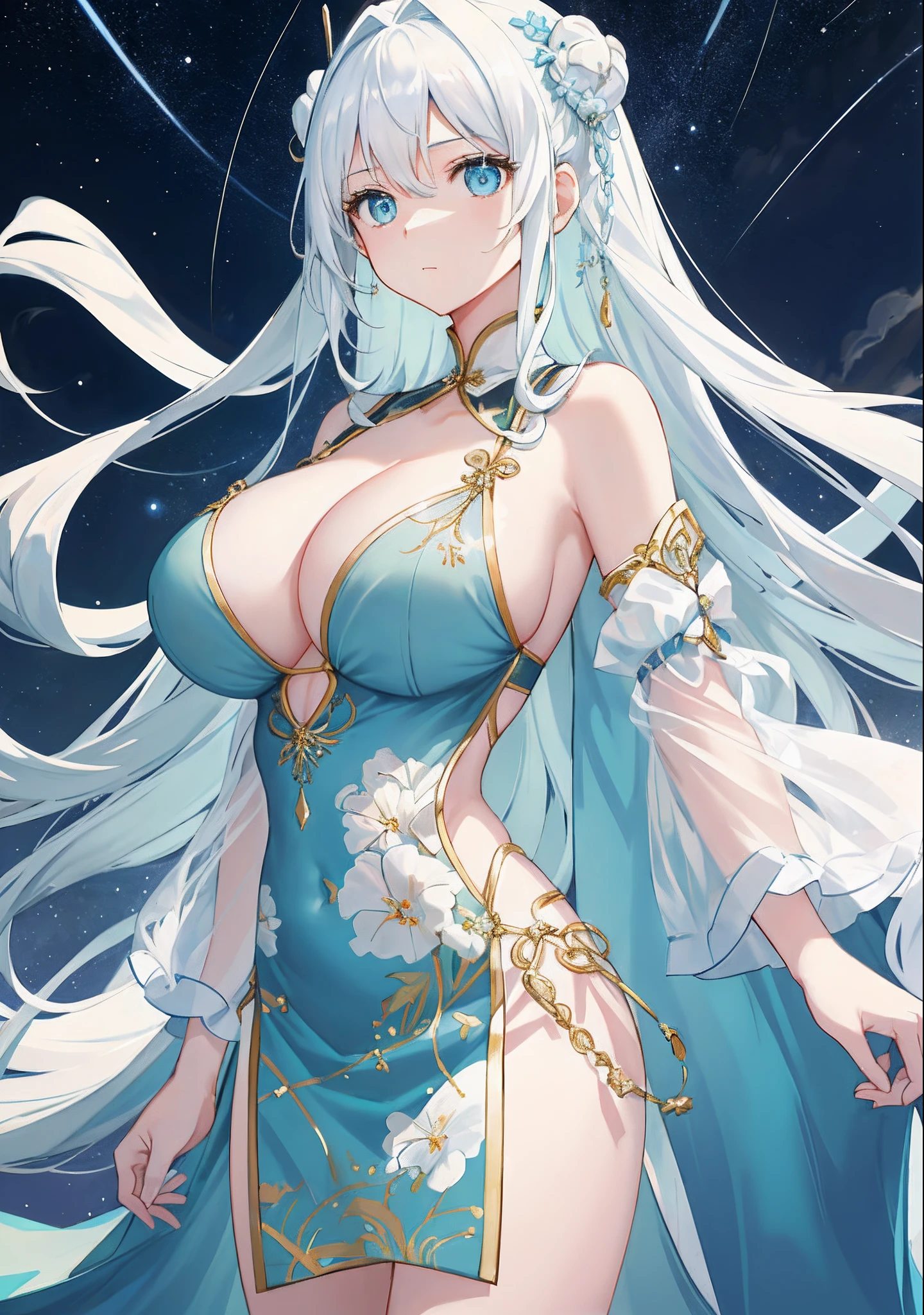 A masterpiece of CG art,The painting style is fresh and soft。The subject is a beautiful woman,Mature appearance。Cyan eyes,skin is smooth and fair,A manicured white coat flutters in the wind,Long white hair dangling,Hair flutters in the wind,The side braids are elegant and attractive。The unique composition of the upper body of the picture,Highlight the delicate beauty of beautiful girls,Simplicity and endless charm。(huge tit:1.6),(The cleavage is exposed:1.6), (Starry sky in the background:1.3)。Face the audience。The hair turns completely white。Not tall,The neck is not long。