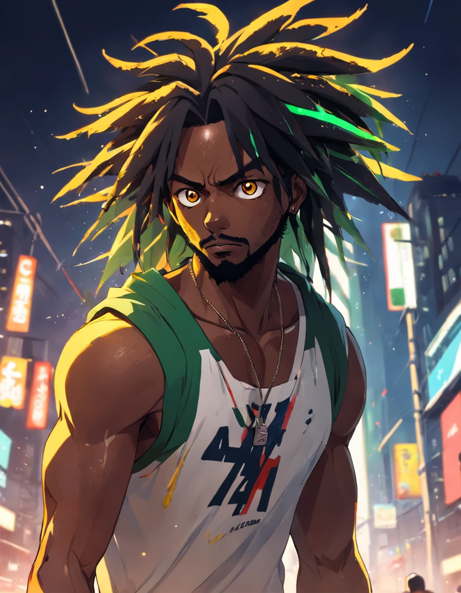 c4tt4stic, one dog, black man Rasta, bicho, em pleno crescimento (extremamente detalhado CG unidade 8k papel de parede, melhor qualidade, imagem ultra-detalhada, Excellent illustration, extremamente gracioso e bonito, high resolution, dynamic viewing angle, Dynamic Stance, olhos azuis, (cabelos multicoloridos + cabelos prateados: 1.3 + cabelos ruivos 1.2 + cabelo roxo + cabelos amarelos: 1.3 + cabelos verdes), "