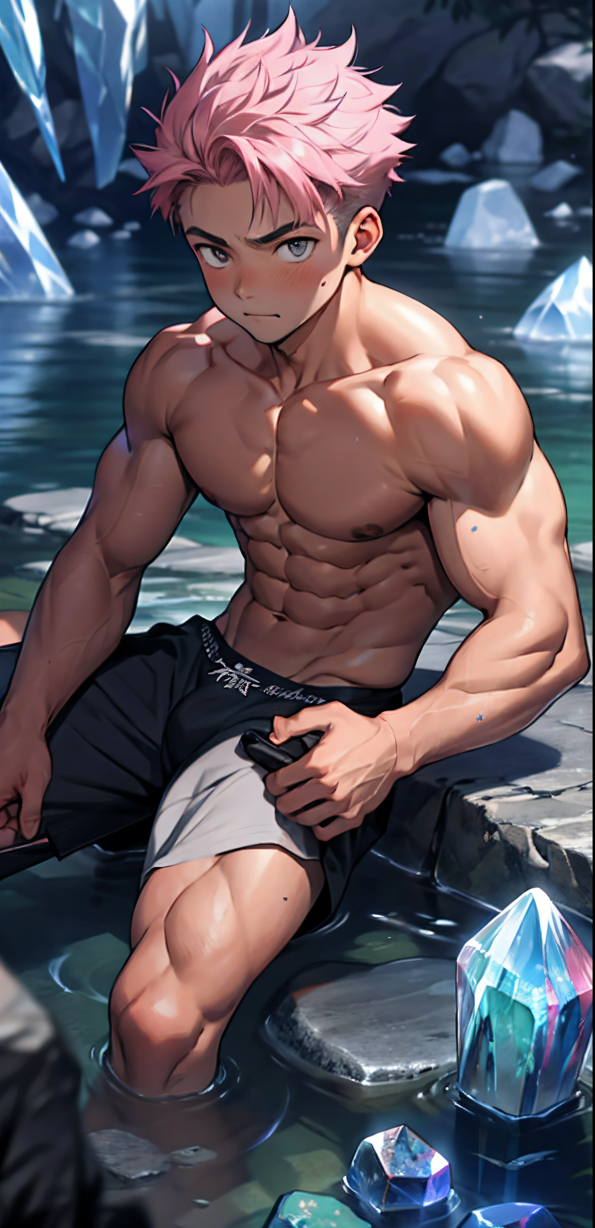 absurdres, highres, ultra detailed, HDR, master piece, best quality, extremely detailed, Tanaka Gundham, black hair, expressive red eyes, Danganronpa, solo, sexy man, handsome, sensual, toned chest, bare chest, horny, fantasy, island, sea, beach