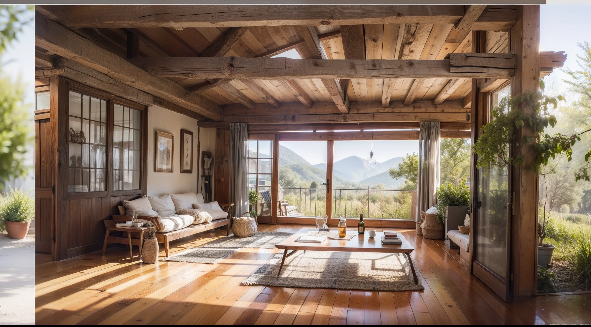 The interior of a mysterious house in the center of a meadow surrounded by space、The atmosphere is wrapped in the warmth of nature and rustic charm.。When you open the door of your house、The scent of wood and a slight breeze welcome you comfortably.。The interior of the house is spacious々and、The floor is covered with warm wooden floorboards.。highly detailed surroundings, photorrealistic concept art, hyper-realistic environment