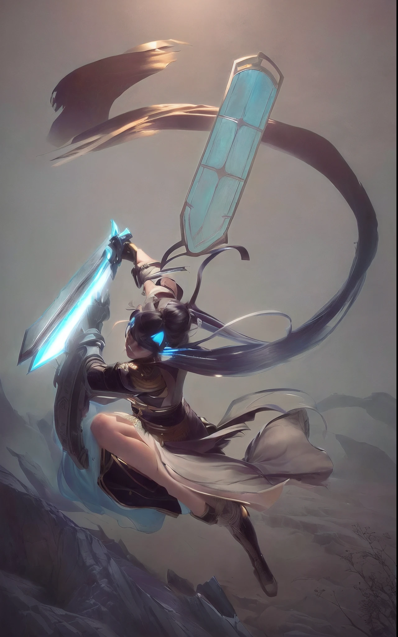 anime girl with a sword and a shield in her hand, in the art style of mohrbacher, mohrbacher, artgerm and ruan jia, artgerm lau, artgerm and atey ghailan, by ruan jia and stanley artgerm, peter mohrbacher artstyle, peter mohrbacher style, long sword in her hand, cave background, cliff background