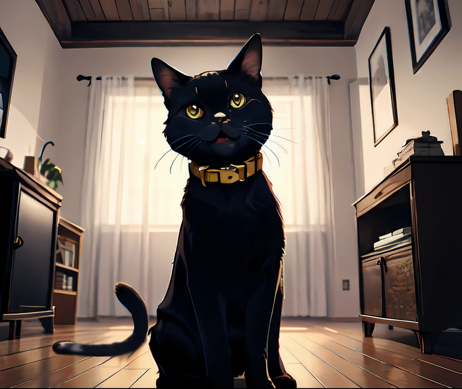 (A cute black cat crouches on the living room floor and watches the camera bark:1.5)
(Black cat with yellow collar:1.4)
(The black cat opened its mouth and barked,Very happy look:1.6)
(独奏:1.5)
(In the living room of the luxuriously renovated apartment:1.5)
(deep in the night,horror atmosphere:1.8)
(Upper body display:1.4)
(A masterpiece、tmasterpiece:1.5)