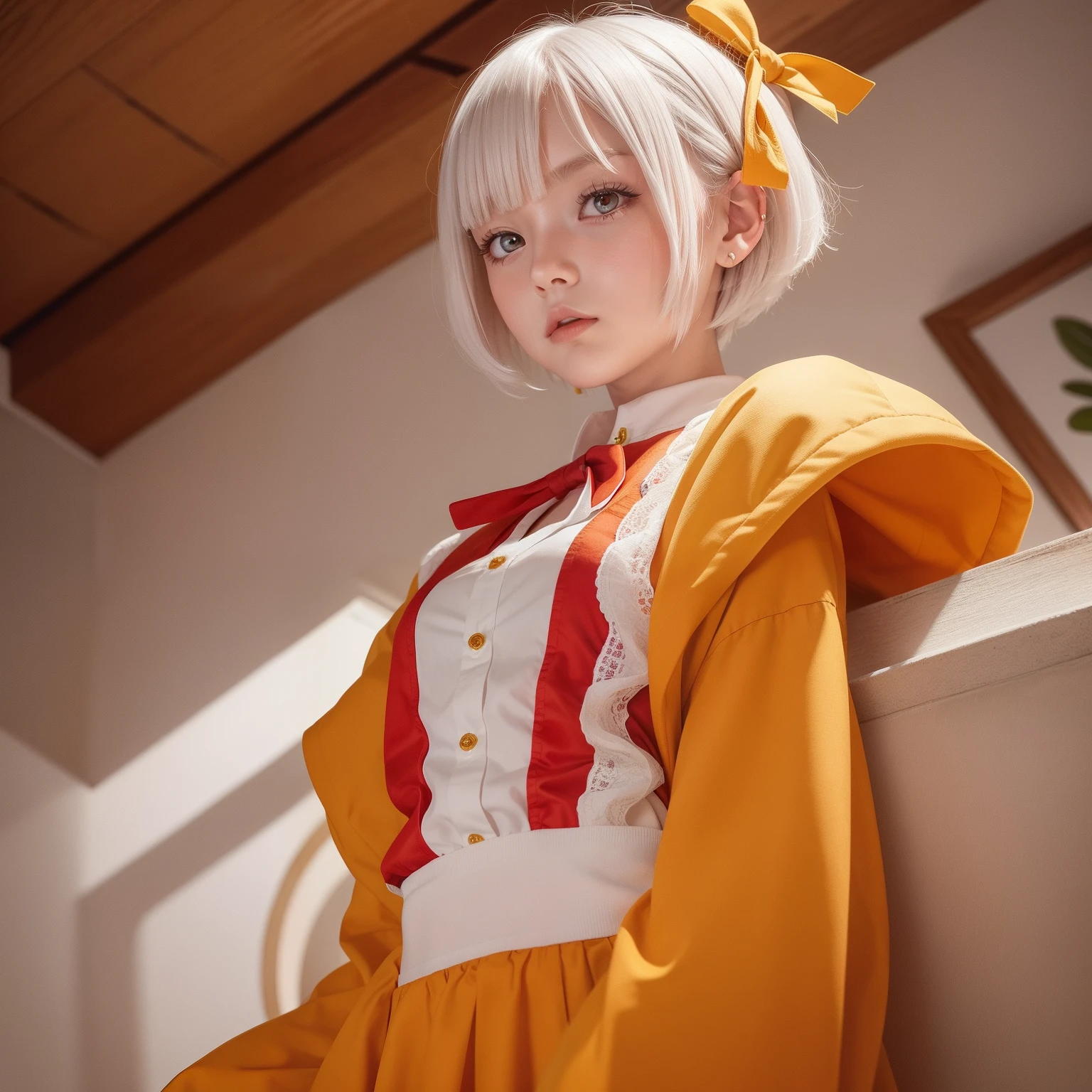 The short white hair has a slight reddish tinge，The head is decorated with a yellow bow，Crimson pupils，Red, orange and yellow clothes，Is a cute loli