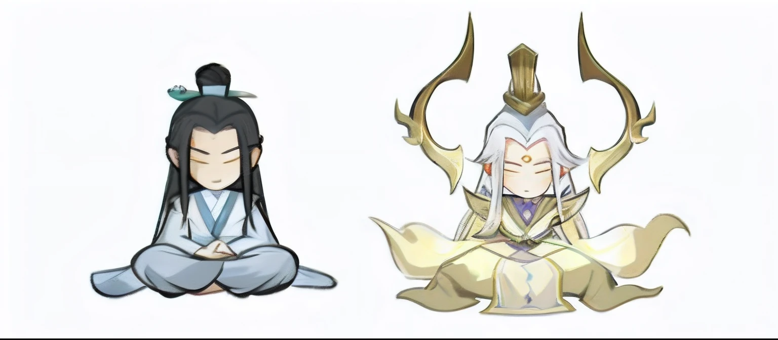 white backgrounid，The two male immortal cultivators in the middle were meditating，The painting style is cute，cartoon character，Wear a gray cloth on the left，The right side is gorgeously dressed