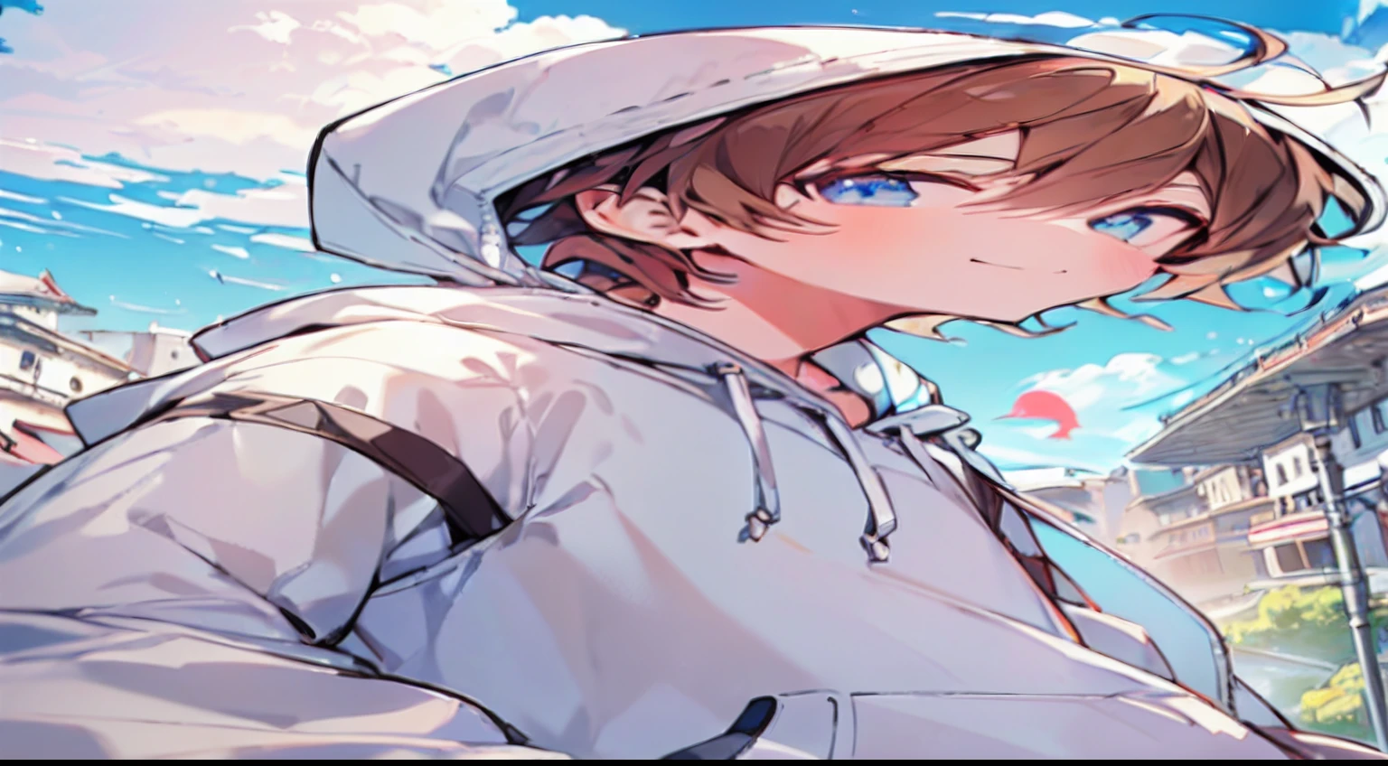 masutepiece, Best Quality,Illustration, Wallpaper, Ultra Detail, 1boy in, Solo, (Medium short hair), Beautiful ultra-detailed eyes , (Street:1.3), Sunny bright sky、Hair that flutters in the wind,(a panoramic view:1.5),(Sense of depth:1.3),(longshot:1.3), wearing white Hoodie, blue eyes, brown hair, small smile