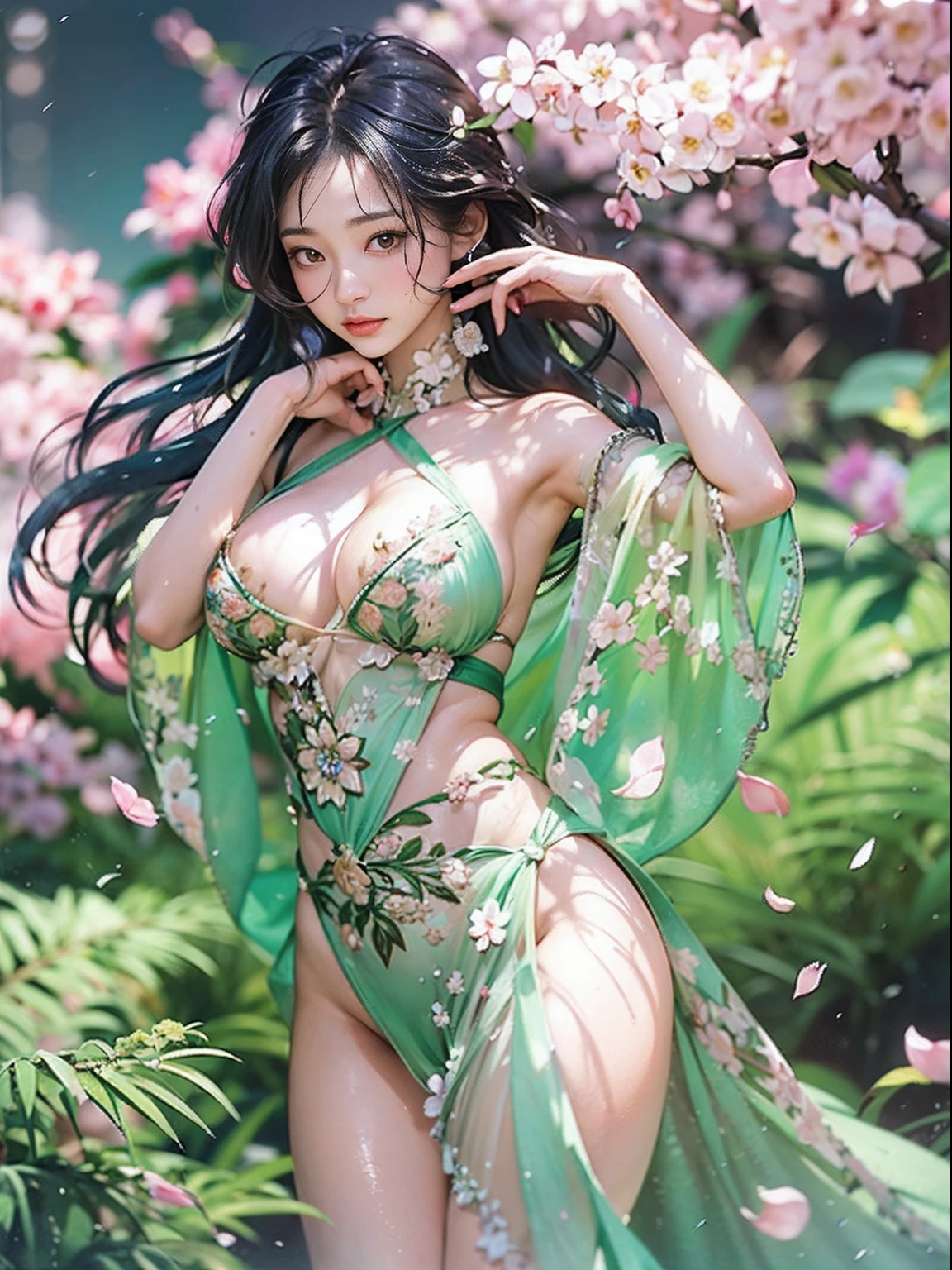 loose outfit、Show shoulders、Navel Ejection、How to wear a gown with a dark see-through halter neck broken、Decorated with intricate patterns and pastel colors、Transparent material that makes the skin shine、Artistic depiction of seductive woman in gown with wet thin cloth and transparent skin, Floral and fantastic pattern with flowing silky traditional see-through skin。Her dress draped elegantly around her curvaceous figure、Emphasizes her charming silhouette。She's a gentle fireworks night、Dynamic Posing、Sexy Posing、bathed in the soft glow of moonlight。The scene is、With a hint of mystery and sensuality、It exudes an ethereal dreamy atmosphere。The image style is、It incorporates a blend of watercolor and digital illustration techniques.、It makes you feel delicate beauty and charm。Soft moonlit lighting、Cast gentle highlights and shadows on her mesmerizing features。Dynamic Posing、Bold poses、The hand is somewhere、see -through、show through、A sexy、Wet hair、Wet、cherry trees、flower petals、cherryblossom、The cherry tree、Sakura blizzard、buried、Transparent skin、Wet clothes、Chest Pulling、Translucent clothes、Eau、nudde、garterbelts、fishnet tights、huge moon、Upper body photography、masutepiece