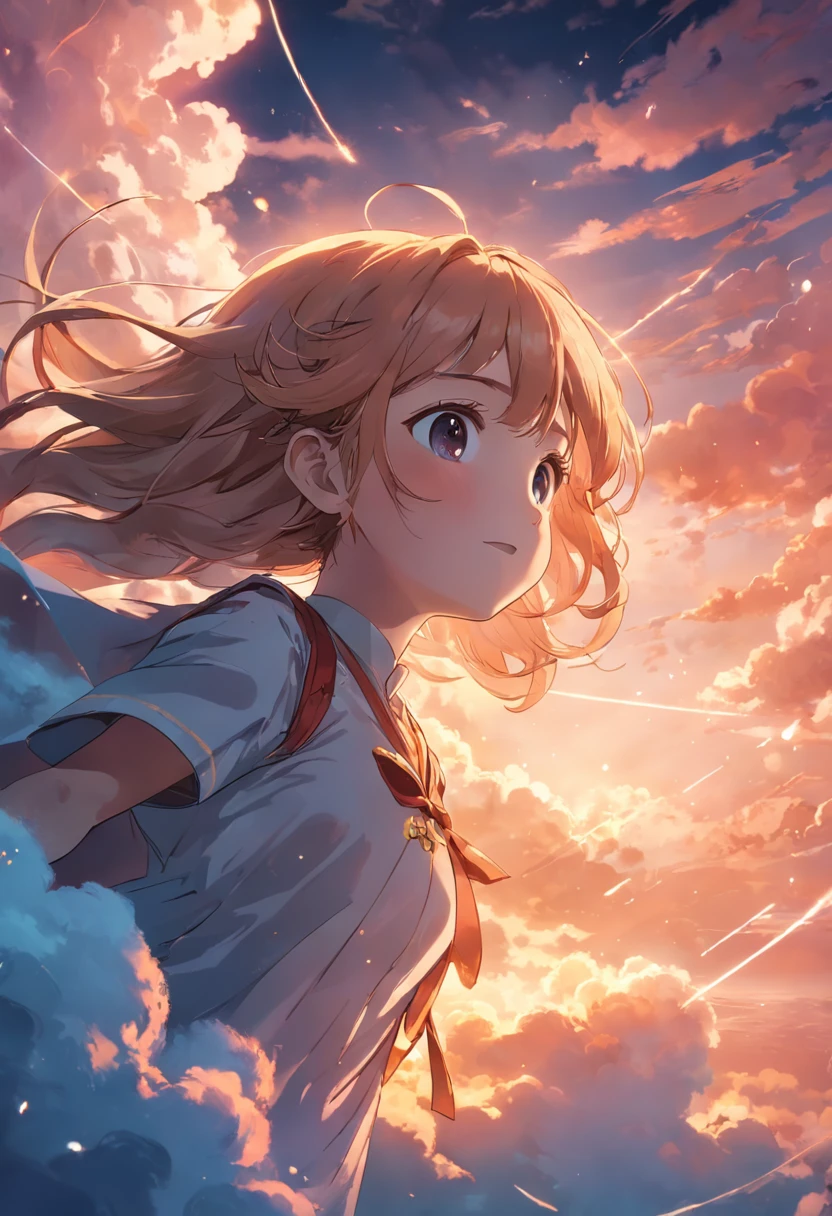 masterpiece, best quality, movie still, 1girl, cloud girl, floating in the sky, close-up, bright, happy, warm soft lighting, sunset, (sparks:0.7)