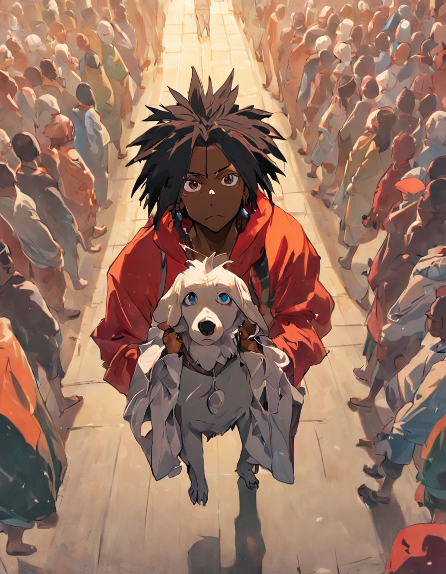 c4tt4stic, one dog, black man Rasta, bicho, em pleno crescimento (extremamente detalhado CG unidade 8k papel de parede, melhor qualidade, imagem ultra-detalhada, Excellent illustration, extremamente gracioso e bonito, high resolution, dynamic viewing angle, Dynamic Stance, olhos azuis, (cabelos multicoloridos + cabelos prateados: 1.3 + cabelos ruivos 1.2 + cabelo roxo + cabelos amarelos: 1.3 + cabelos verdes), "