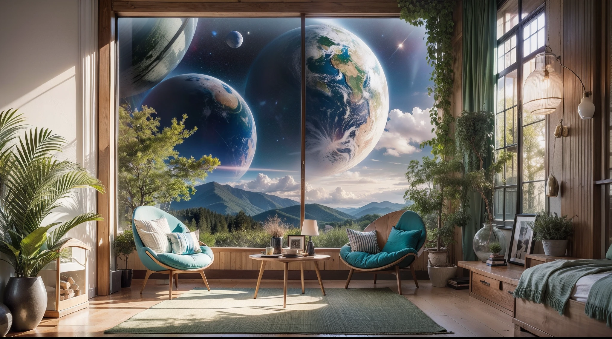 There is a large window in the living area of a mysterious house in the center of a meadow surrounded by space.、It beautifully reflects the space scenery outside。Comfortable cushions are laid by the window、When you sit there, you can enjoy a peaceful moment while admiring the beauty of the universe。The walls are decorated with plants of colors and shapes that do not exist in the earth、It makes you feel the unique charm of space。highly detailed surroundings, photorrealistic concept art, hyper-realistic environment