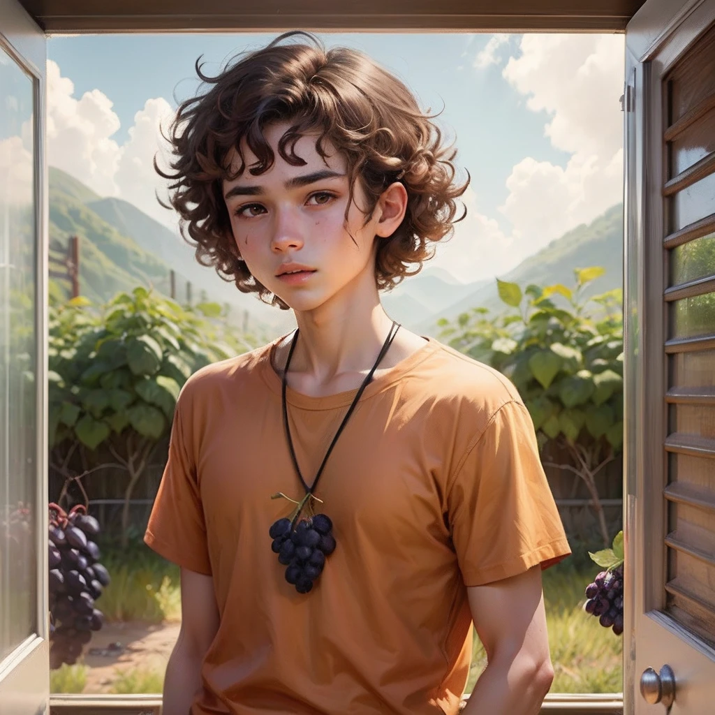Boy with brown curly hair, black eyes, orange shirt and surrounded by grapes, illustration. --auto --s2