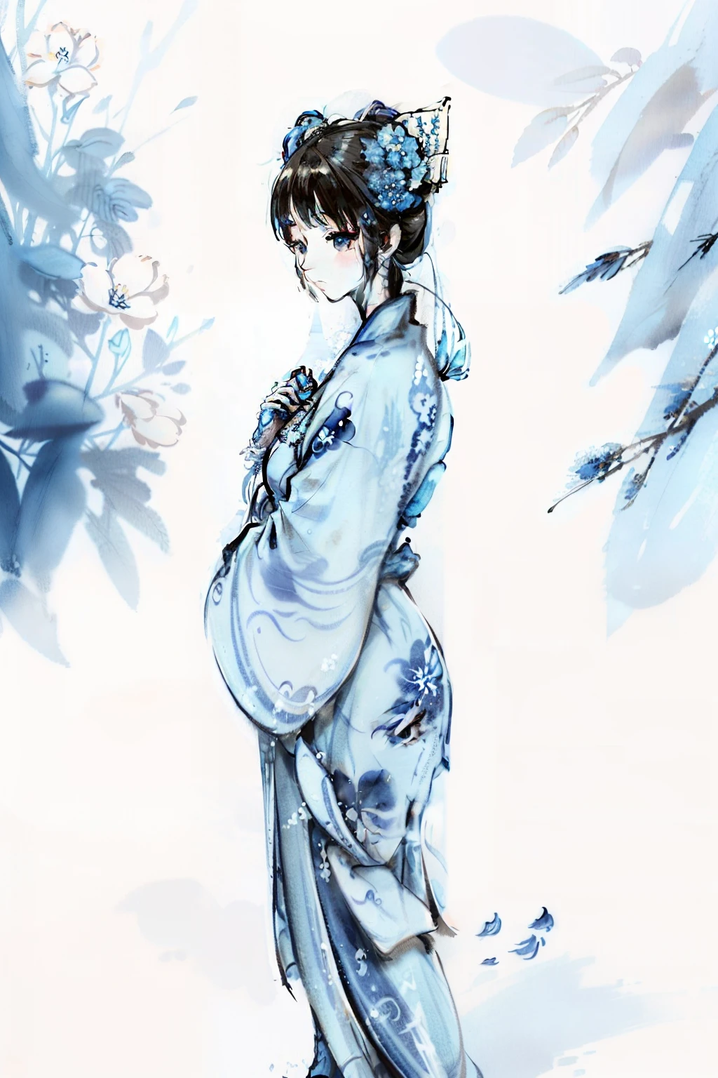 Blue and white porcelain style,hanfugirl,ancient china art style