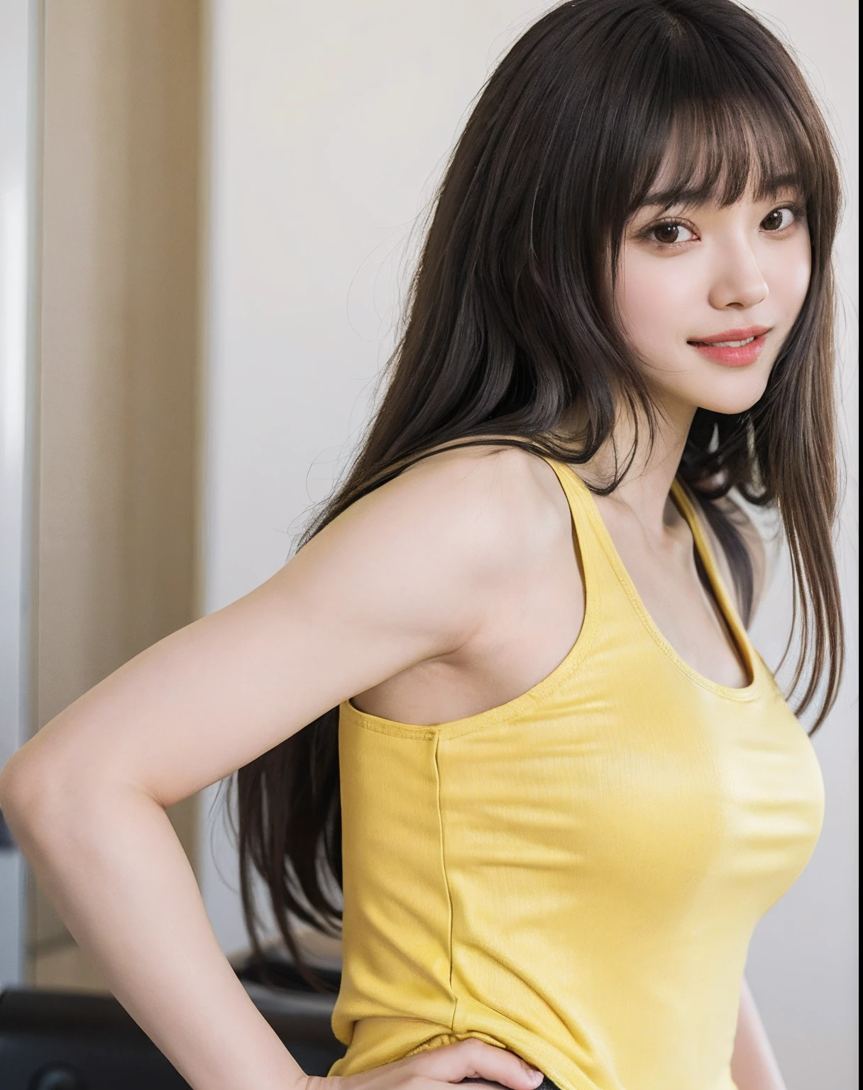 zydG, 1girl, detailed skin, looking at viewer, brown eyes, (long hair with bangs:1.2), (medium breasts:1.0),
face focus, portrait, shap focus, (smile:1.2), (yellow tanktop:1.5), gym, from side, (open mouth:1.2),
(photorealistic:1.4), (best quality:1.0), (ultra highres:1.0), 8k, RAW photo, (masterpiece:0.2),
(pureerosface_v1:0.5),