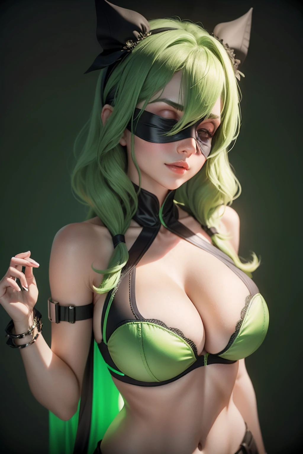 Real beauty，Blindfolded，nedium breasts，cleavage，cleavage cutout，clothing cutout，Green background，Hair between both eyes，shairband，A high resolution