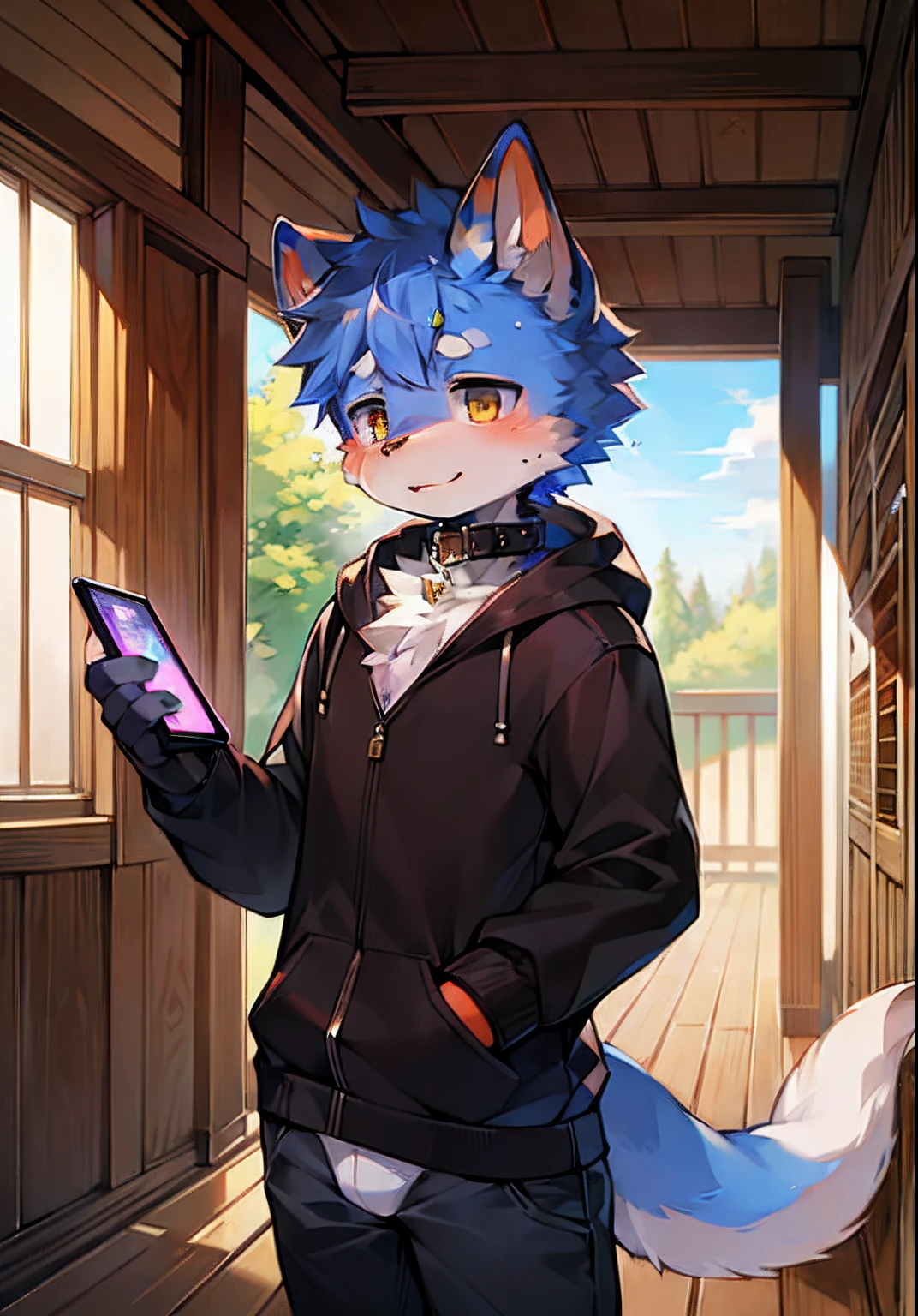 A curious male fox cub is playing with smart phone. It has blue fur, a thick tail, and a pair of furry big ears. His eyes were filled with curiosity, and the fox cub had an excited and eager expression, ready to explore the world.BREAK anthro,furry,feral,(digital media \(artwork\):1.2),(hi res,absurd res:1.2),perfect anatomy,anatomically correct,detailed,detailed face,detailed eyes,(realistic fur,detailed fur:1.25),detailed background,amazing background. BREAK (by puinkey \(artist\):1.2),(by unrealplace,by kuroisumi,by milkytiger1145,by moki,by emolga 1,by ovopack:1.2),(by cydonia xia:0.8),(by Pino Daeni:0.8),(by hioshiru:0.8),(by chunie:0.8).Wearing white underwear。A black collar is worn around his neck。