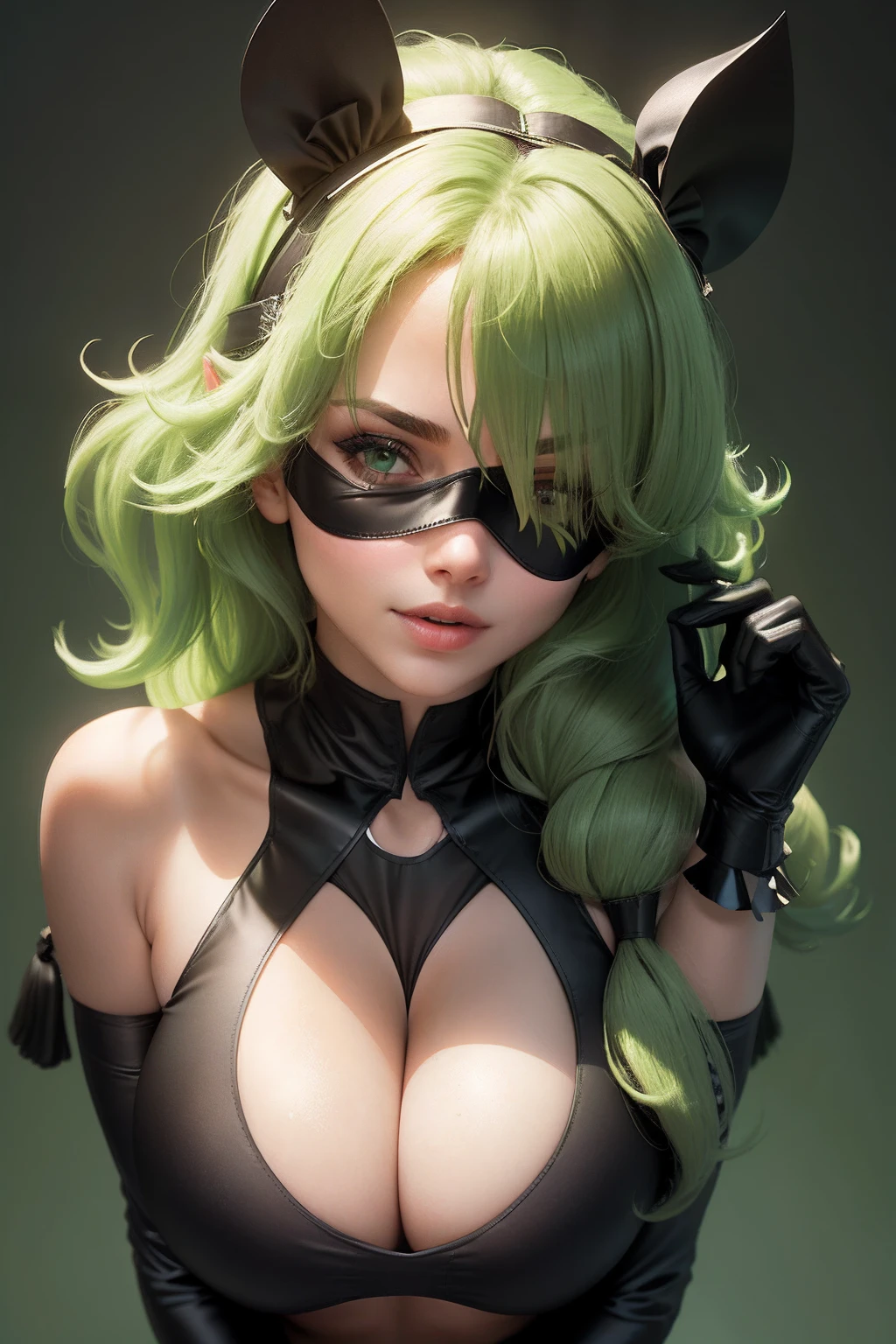 Real beauty,Blindfolded,nedium breasts,cleavage,cleavage cutout,clothing cutout,Green background,Hair between both eyes,shairband,A high resolution