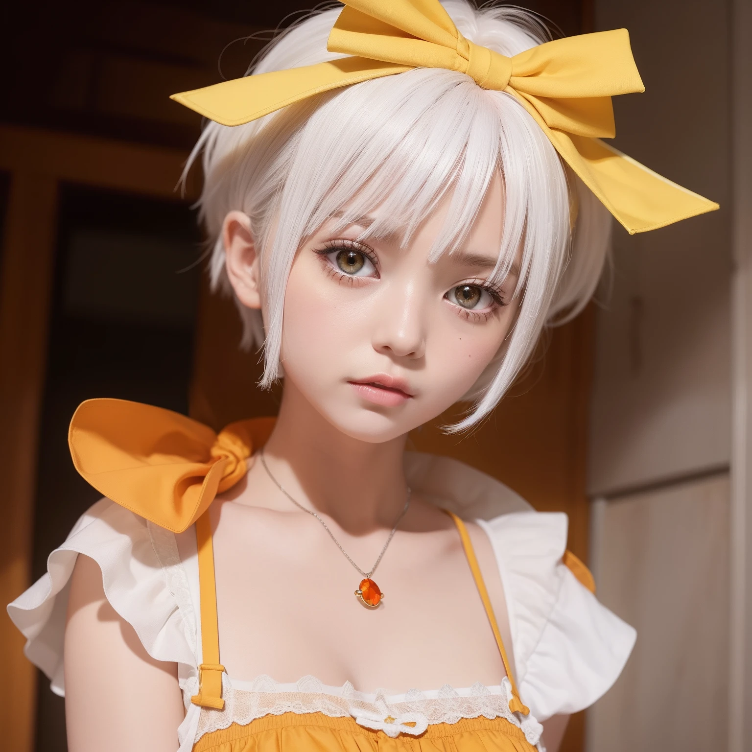 The short white hair has a slight reddish tinge，The head is decorated with a yellow bow，Crimson pupils，Red, orange and yellow clothes，Is a cute loli