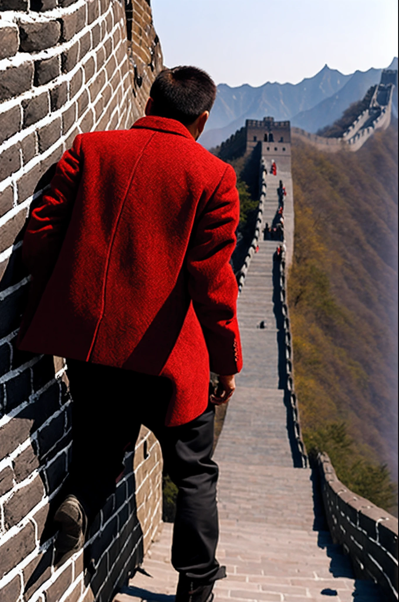 The man in red has a blurred face and the head of the Great Wall is holding a narrow knife
