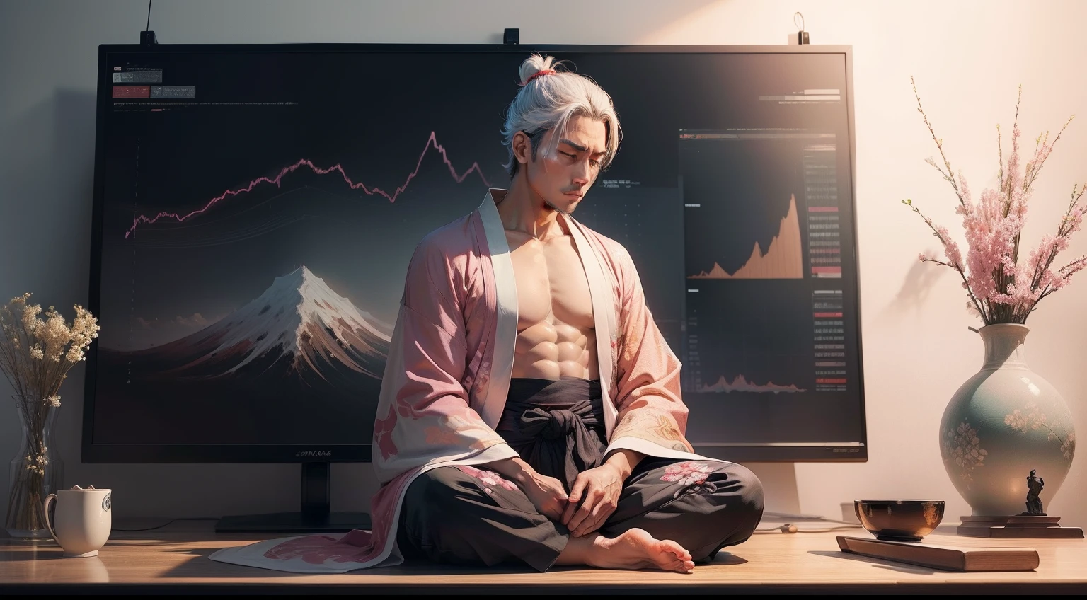 (Digital Painting)、(top-quality)、Man background shows chart filling screen、Jedi Master is doing zazen、Man sitting meditating in front of chart、There is only a chart in the background、Full-size monitor chart、Chart Forex、Huge Forex Charts and Index Charts、Graph showing price movement、championship、Currency chart monitoring、FX、exchange、Ukiyo-e Art Style、Hokusai's inspiration、Popular deviant art、8K Ultra Real、Pastel Color Schemes、Painting of a man in a robe with lively arms crossed, inspired by Itō Jakuchū, inspired by Kaigetsudō Anchi, ancient japanese monk, inspired by Kanō Tanshin, inspired by Itō Ogura Yonesuke, Inspired by Koshiro Onchi, Inspired by Hayami Xingzhou
