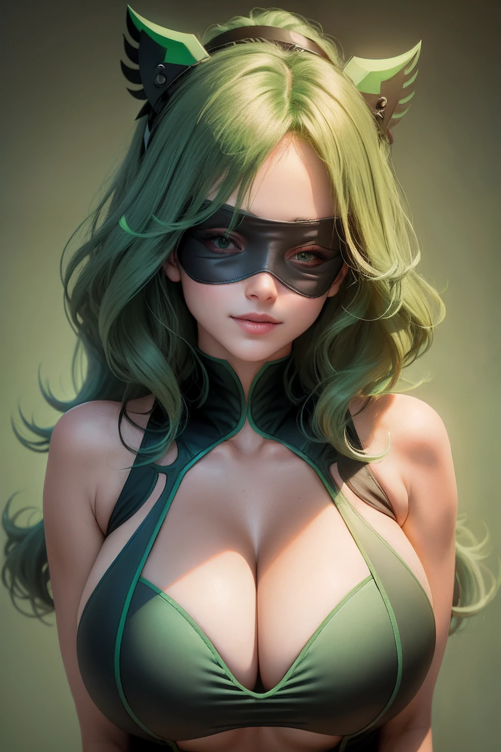 Real beauty，Blindfolded，nedium breasts，cleavage，cleavage cutout，clothing cutout，Green background，Hair between both eyes，shairband，A high resolution