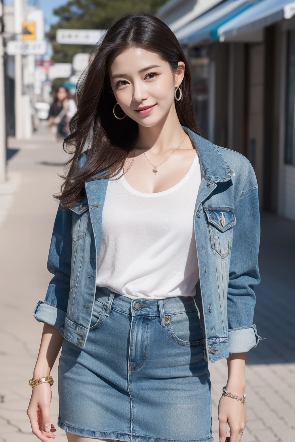 ((Top Quality, 8K, Masterpiece: 1.3)), Sharp Focus: 1.2, Perfect Style, One Beauty, Top Model: 1.2, Waist Constriction, Beautiful Legs, Taut Skin, ((Wet Skin: 1.4)), ((Sweaty: 1.2)), (Upper Body Shot: 1.2), (Reach Here), (Cuddle), Highly Detailed Face and Skin Texture, Detailed Eyes, Double Eyelids, Pale cheeks professional lighting, small necklace, small earrings, bracelets, (layered hairstyle), wet skin, (T-shirt: 0.7)), (wearing a tight skirt), Distressed denim jacket, slip dress, ankle boots, (G cup bust: 0.8), (natural breasts, natural cleavage), (seaside street: 1.2), (shy smile: 1.1)