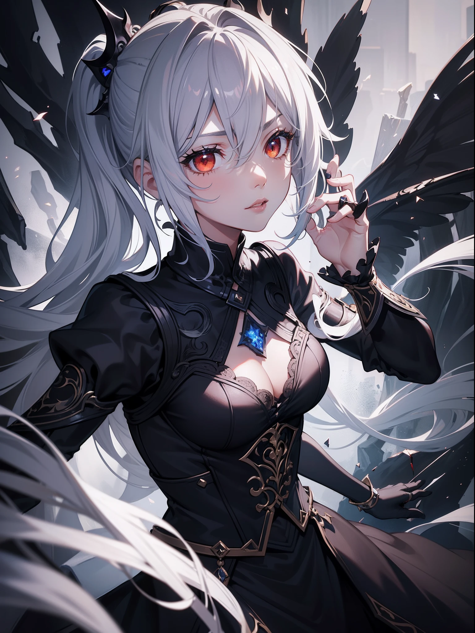 (masterpiece, best quality, ultra-detailed, best shadow), (detailed background, dark fantasy), (beautiful detailed face), high contrast, (best illumination, an extremely delicious and beautiful), ((cinematic light)), colorful, hyper-detailed, dramatic light, intricate details, (1 girl, 1 boy, black and white hair, sharp face, low double ponytail, red, white eyes, hair between the eyes, dynamic angle), blood splash, black light swirling around the character, depth of field, black light particles, (broken glass), magic array,