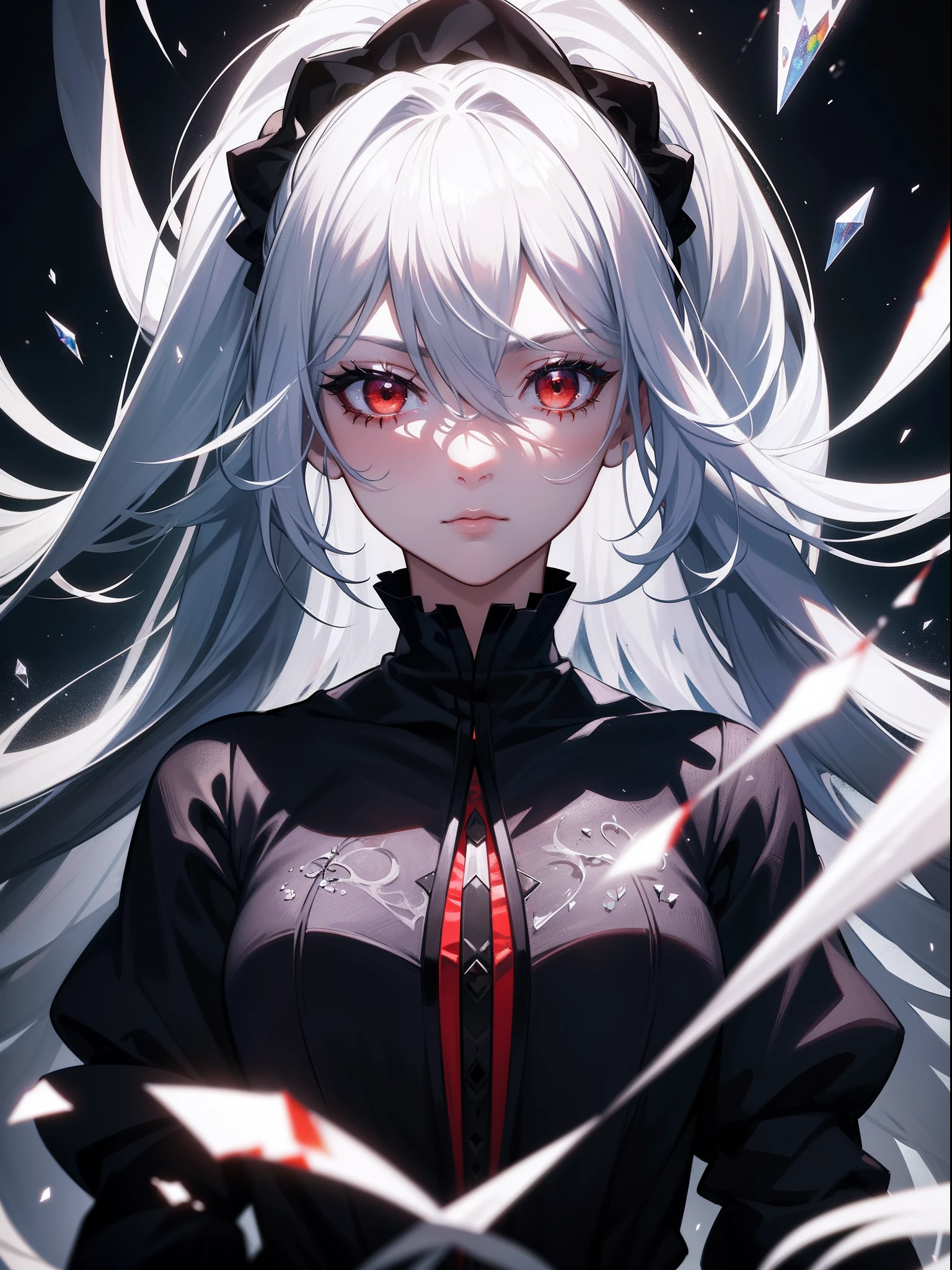 (masterpiece, best quality, ultra-detailed, best shadow), (detailed background, dark fantasy), (beautiful detailed face), high contrast, (best illumination, an extremely delicious and beautiful), ((cinematic light)), colorful, hyper-detailed, dramatic light, intricate details, (1 girl, 1 boy, black and white hair, sharp face, low double ponytail, red, white eyes, hair between the eyes, dynamic angle), blood splash, black light swirling around the character, depth of field, black light particles, (broken glass), magic array,