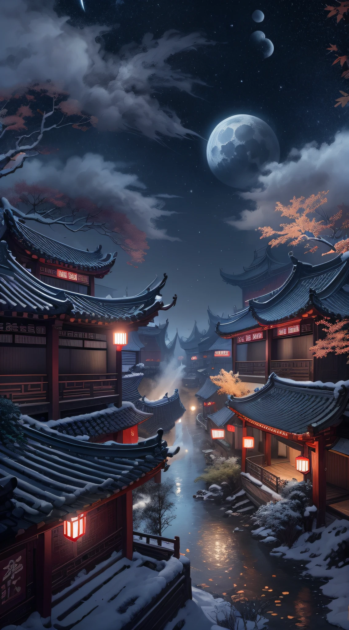 Surreal CG rendering ancient China,Jiangnan ancient buildings and ancient towns have Yaolin wonderland。the night,the huge moon,The stars are bright,The smoke is fascinating,Maple leaves and milk leaves are trees。snow landscape。k hd