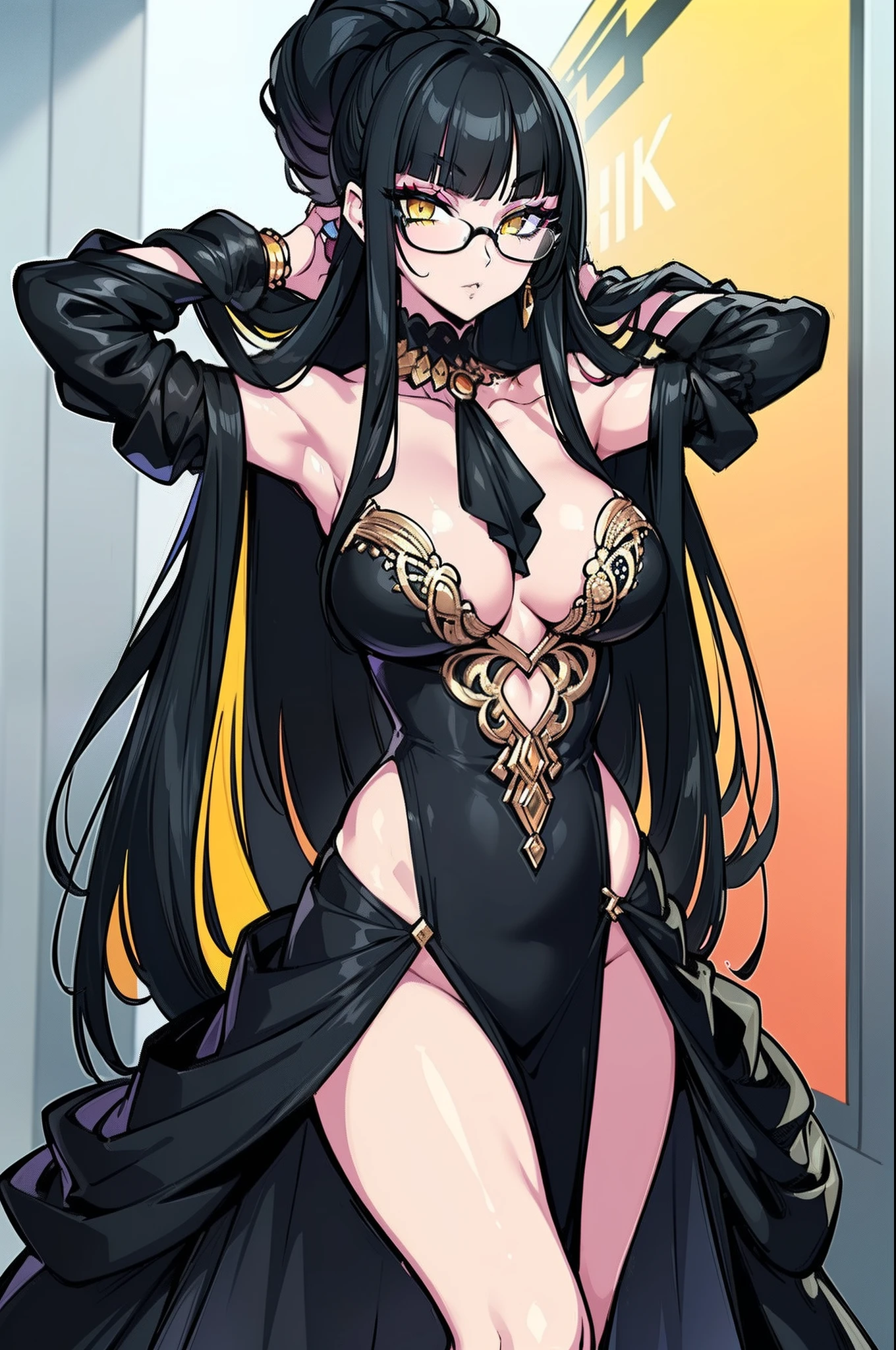 (masterpiece:1.5), (bestquality), highlydetailed, ultra-detailed, (fashionable outfit), (stylish model), (trendy styling),,{black hair} (long whitr hair)(Lateral hair)(Shawl hair)(hair straight)，(glasses),(Yellow eyes),,(fleshy feeling),(fleshy legs),( (colorful clothes), (chic accessories), (haute couture), (high-end fashion), (runway vibes), (effortless elegance), (modern aesthetics), (daring fashion choices), (bold patterns), (luxurious fabrics), (statement pieces), (fashion-forward), (edgy vibe), (fierce attitude), (sophisticated charm), (flawless makeup), (perfectly styled hair), (catwalk ready)