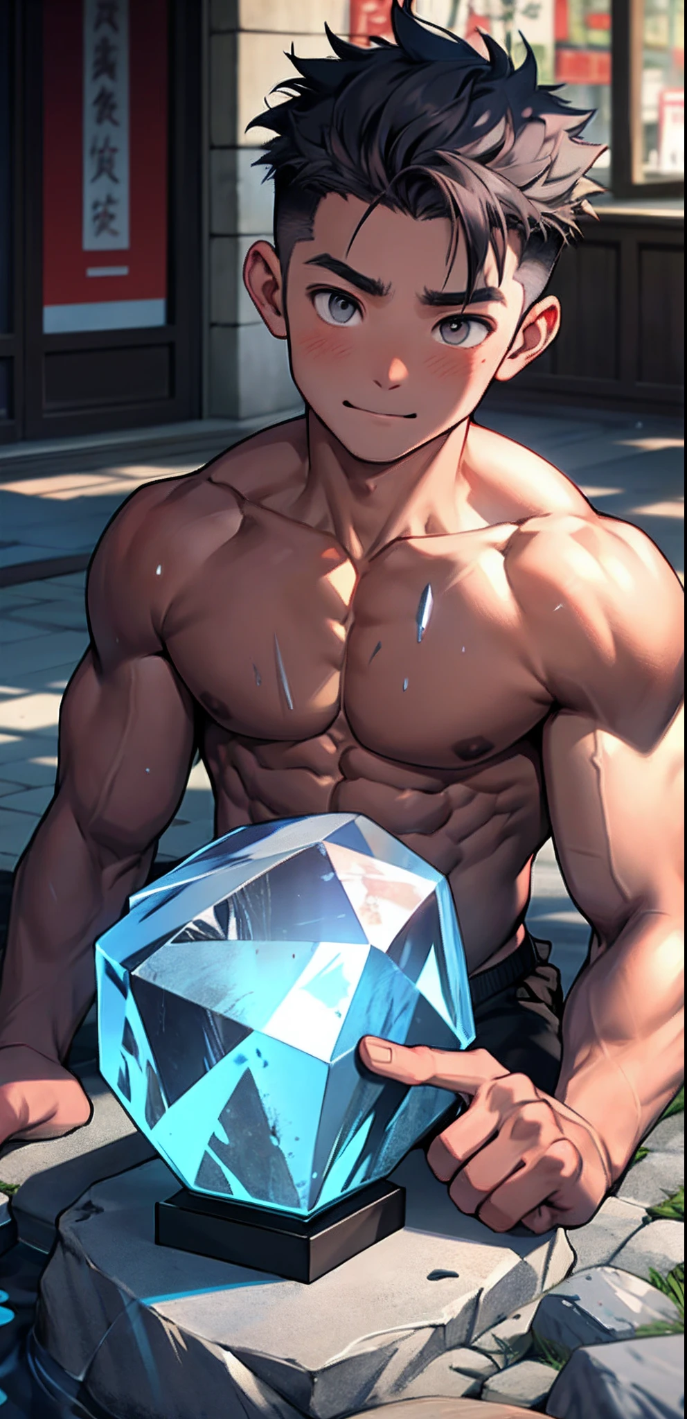 (masterpiece, best quality), 1boy，younge boy，Kid's face，laughingly,Lying on a huge crystal stone，adolable，infancy，Young age，Short round face，Flat chin，Pink briefs，musculous, light blue short hair, Dark gray eyes, 复杂, full bodyesbian,nakeness， Pink briefs,Pectoralis abdominal muscles，cleanness，vivd colour,(depth of fields:1.2),(abs),looking at viewert，Lying on a huge crystal stone，Asian people,chineseidol