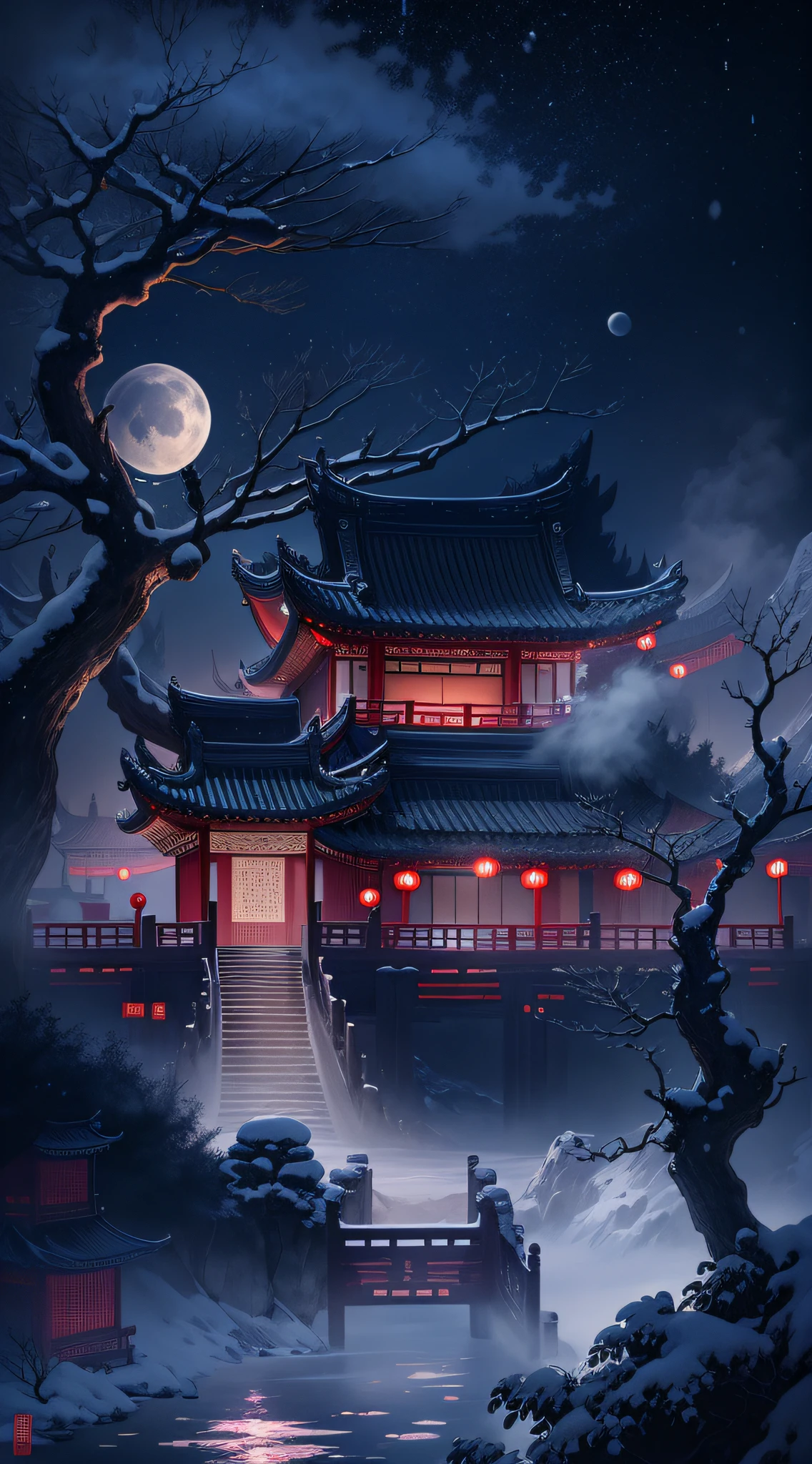 Surreal CG rendering ancient China,Jiangnan ancient buildings and ancient towns have Yaolin wonderland。the night,The huge moon occupies two-thirds of the picture,The stars are bright,The smoke is fascinating,Maple and milk leaves are trees。snow landscape。k hd