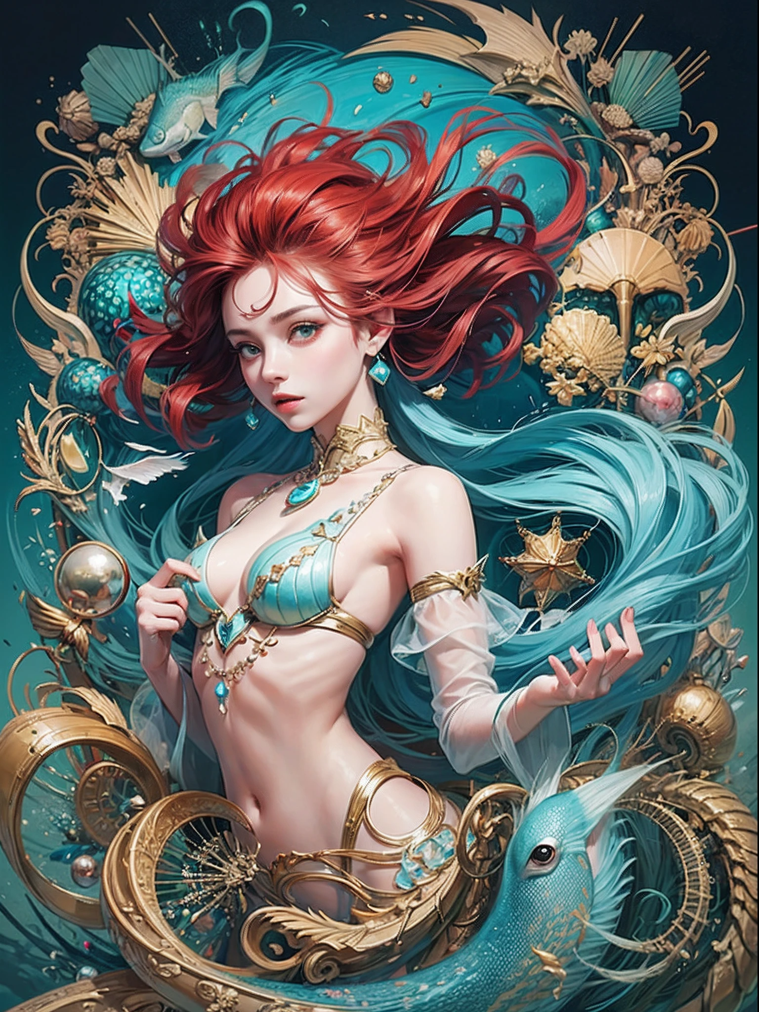 official arts, Unity 8k壁纸, Ultra-detailed, Beautiful and aesthetically pleasing, tmasterpiece, beste-Qualit, (zentangle, a Mandala, clew, meshing), (s fractal art: 1.3), 1 Mermaid Man, (Red hairstyle: Long hair) ocean, Extremely detailed, dinamic angle, Cowboy shot, Most Beautiful Form of Chaos, elegant, a brutalist designed, bright colours, romanticism, seafoam, bubbles, shells, fish, pearls