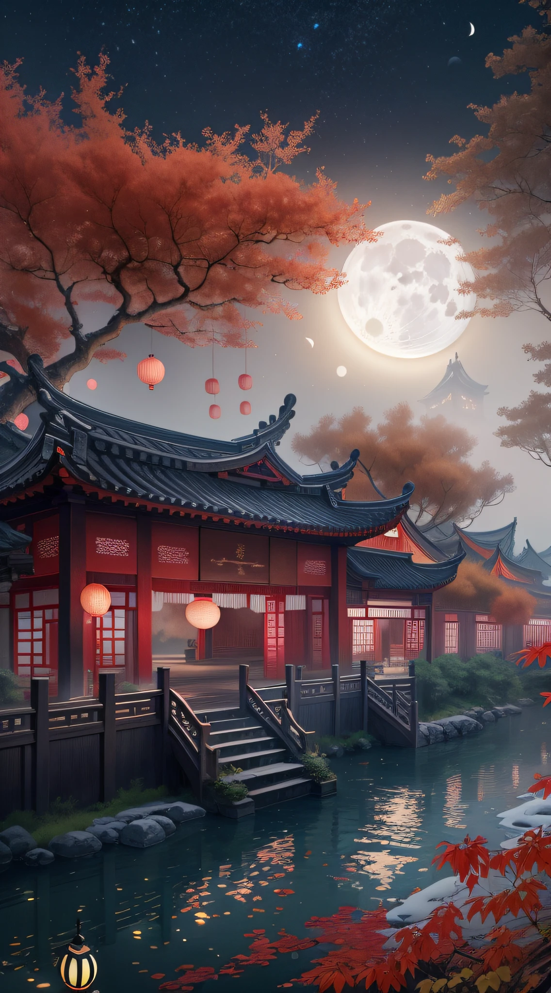 Surreal CG rendering ancient China,Jiangnan ancient buildings and ancient towns have Yaolin wonderland。the night,the huge moon:1.5,The stars are bright,The smoke is fascinating,Maple and milk leaves are trees。snow landscape。k hd