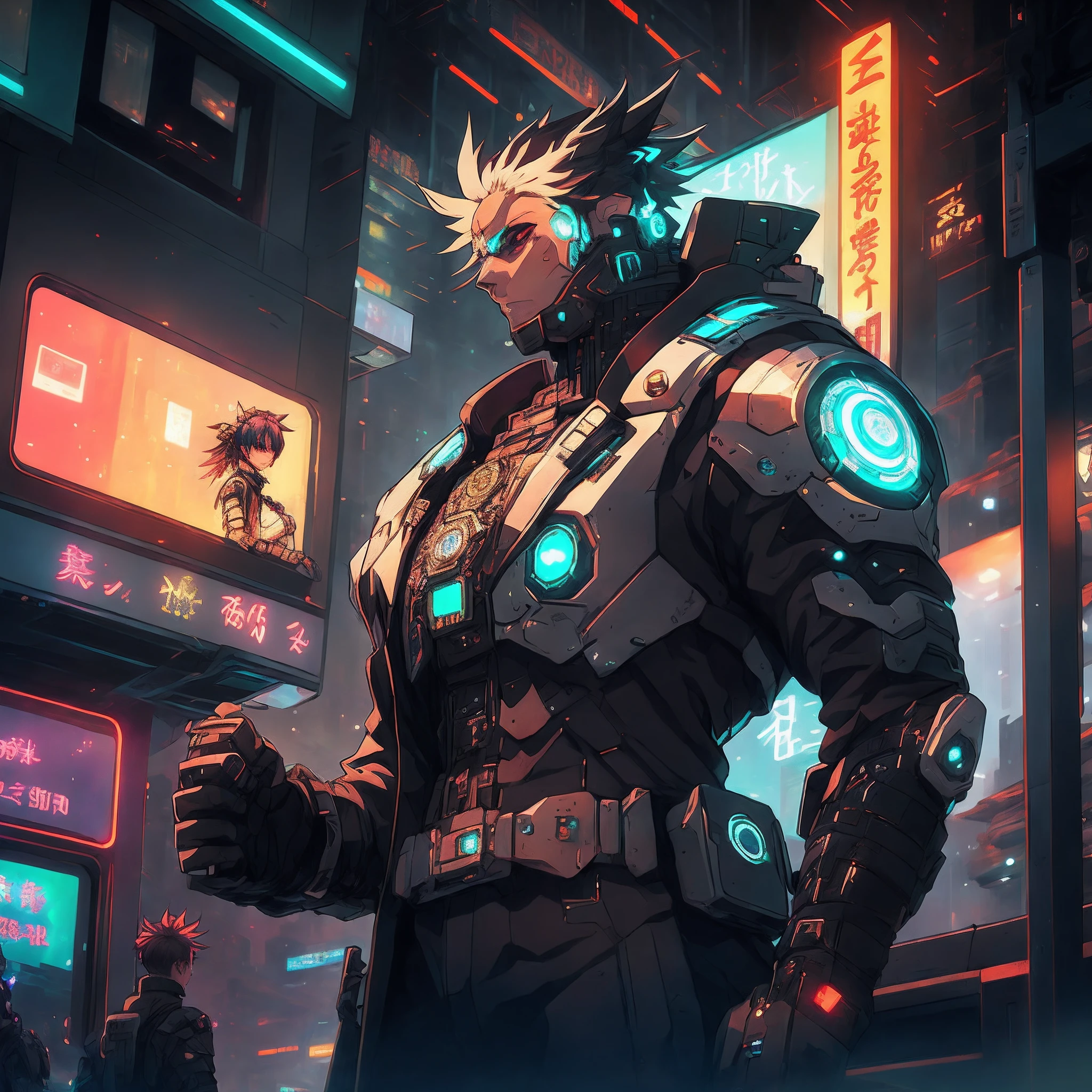 Anime characters standing in futuristic costumes in city at night, Digital cyberpunk anime art, anime cyberpunk art, Cyberpunk art style, cyberpunk anime art, cyberpunk theme art, digitl cyberpunk - anime art, cyberpunk character art, shadowrun splash art, cyberpunk illustration, Muscular! Cyberpunk, cyberpunk artstyle, Advanced digital cyberpunk art, detailed cyberpunk illustration, Anime cyberpunk moderno
