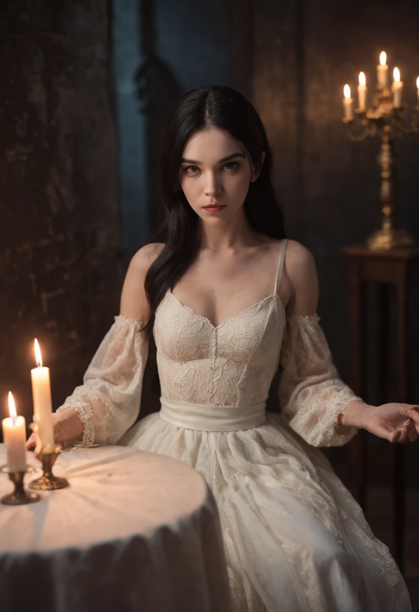 ((melhor qualidade)), ((master piece)), ((Perfect face)), one innocent girl with black hair, using white flawlless dress, kneewing in front a lower table, holding a candle, doing a satanic ritual, chilling lights, a monster in the shadows of the room