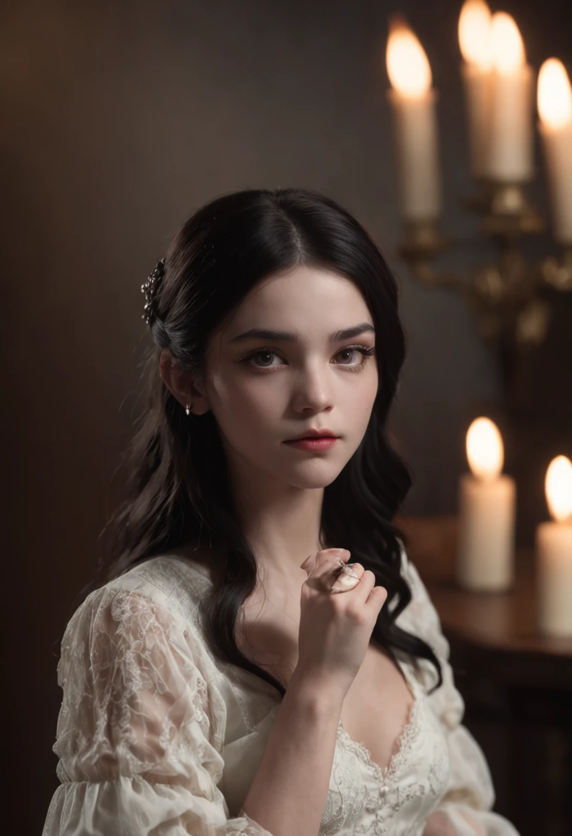 ((melhor qualidade)), ((master piece)), ((Perfect face)), one innocent girl with black hair, using white flawlless dress, kneewing in front a lower table, holding a candle, doing a satanic ritual, chilling lights, a monster in the shadows of the room