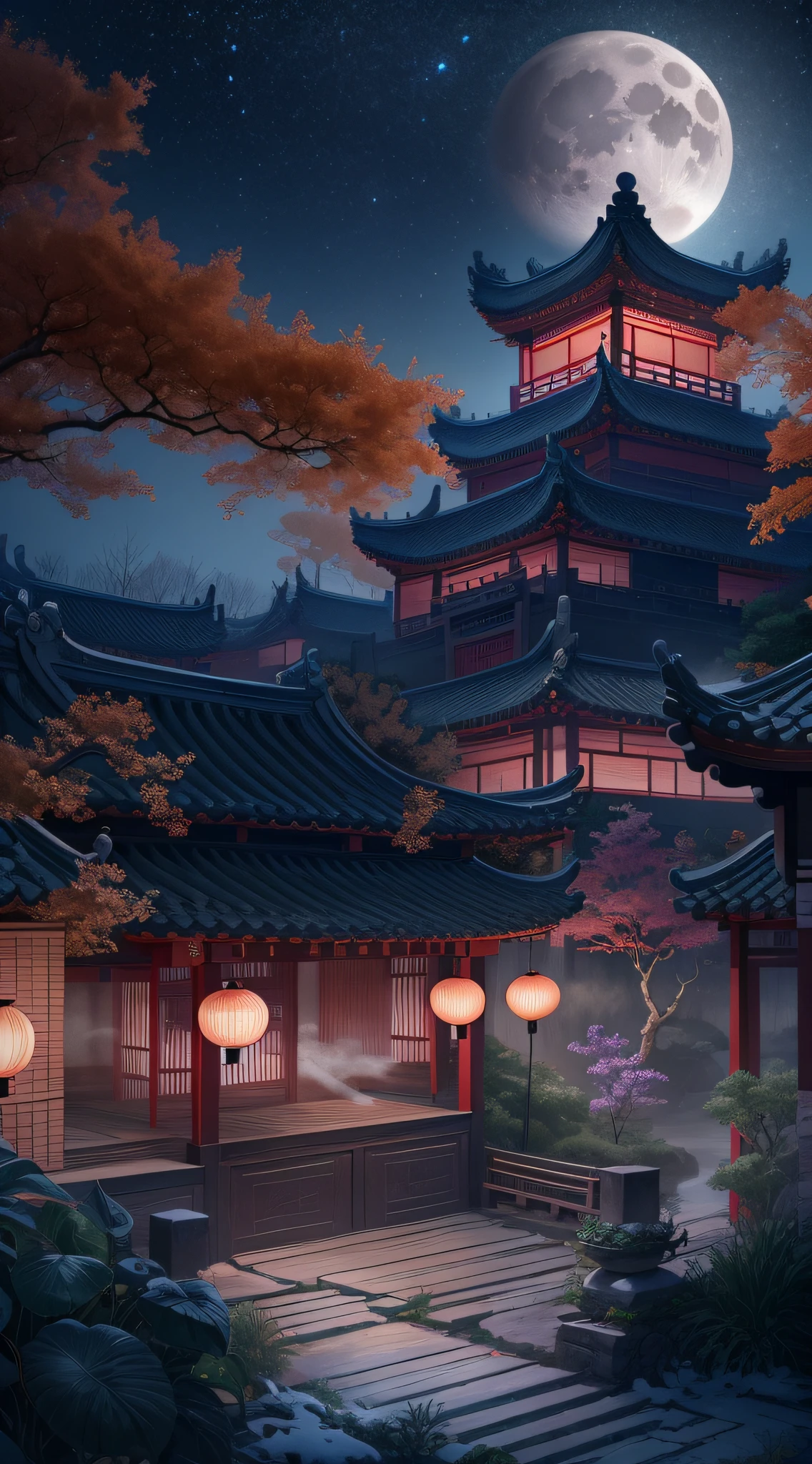 Surreal CG rendering ancient China,Jiangnan ancient buildings and ancient towns have Yaolin wonderland。the night,the huge moon:1.5,The stars are bright,The smoke is fascinating,Maple and milk leaves are trees。snow landscape。k hd
