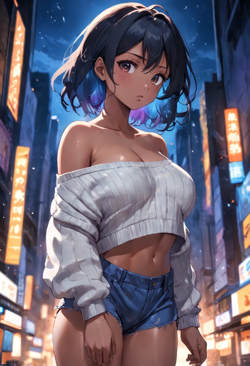 (), big boobs,(masterpiece), best quality, extremely detailed, (watercolor), bloom, delicate and beautiful, illustration, (from below),(1girl:1.4), (solo:1.2), large breasts, (ribbed sweater:1.3), off-shoulder sweater, (short shorts:1.2), bare shoulders, (underboob), ((dark skin:0.8)), beautiful eyes, (disheveled hair ), photography, over-the-shoulder shot, by Alex Maleev, professional, canon camera, nikon camera, sharp, bokeh, studio quality, fisheye lens, by Robert Capa ,