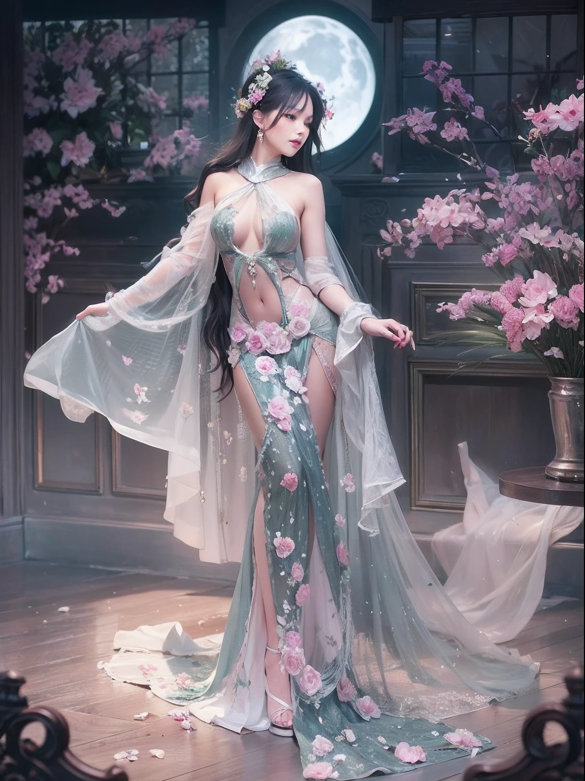 loose outfit、Show shoulders、Navel Ejection、How to wear a gown with a dark see-through halter neck broken、Decorated with intricate patterns and pastel colors、Transparent material that makes the skin shine、Artistic depiction of seductive woman in gown with wet thin cloth and transparent skin, Floral and fantastic pattern with flowing silky traditional see-through skin。Her dress draped elegantly around her curvaceous figure、Emphasizes her charming silhouette。She's a gentle fireworks night、Dynamic Posing、Sexy Posing、bathed in the soft glow of moonlight。The scene is、With a hint of mystery and sensuality、It exudes an ethereal dreamy atmosphere。The image style is、It incorporates a blend of watercolor and digital illustration techniques.、It makes you feel delicate beauty and charm。Soft moonlit lighting、Cast gentle highlights and shadows on her mesmerizing features。Dynamic Posing、Bold poses、The hand is somewhere、see -through、show through、A sexy、Wet hair、Wet、cherry trees、flower petals、cherryblossom、The cherry tree、Sakura blizzard、buried、Transparent skin、Wet clothes、Chest Pulling、Translucent clothes、Eau、nudde、garterbelts、fishnet tights、huge moon、Upper body photography、masutepiece