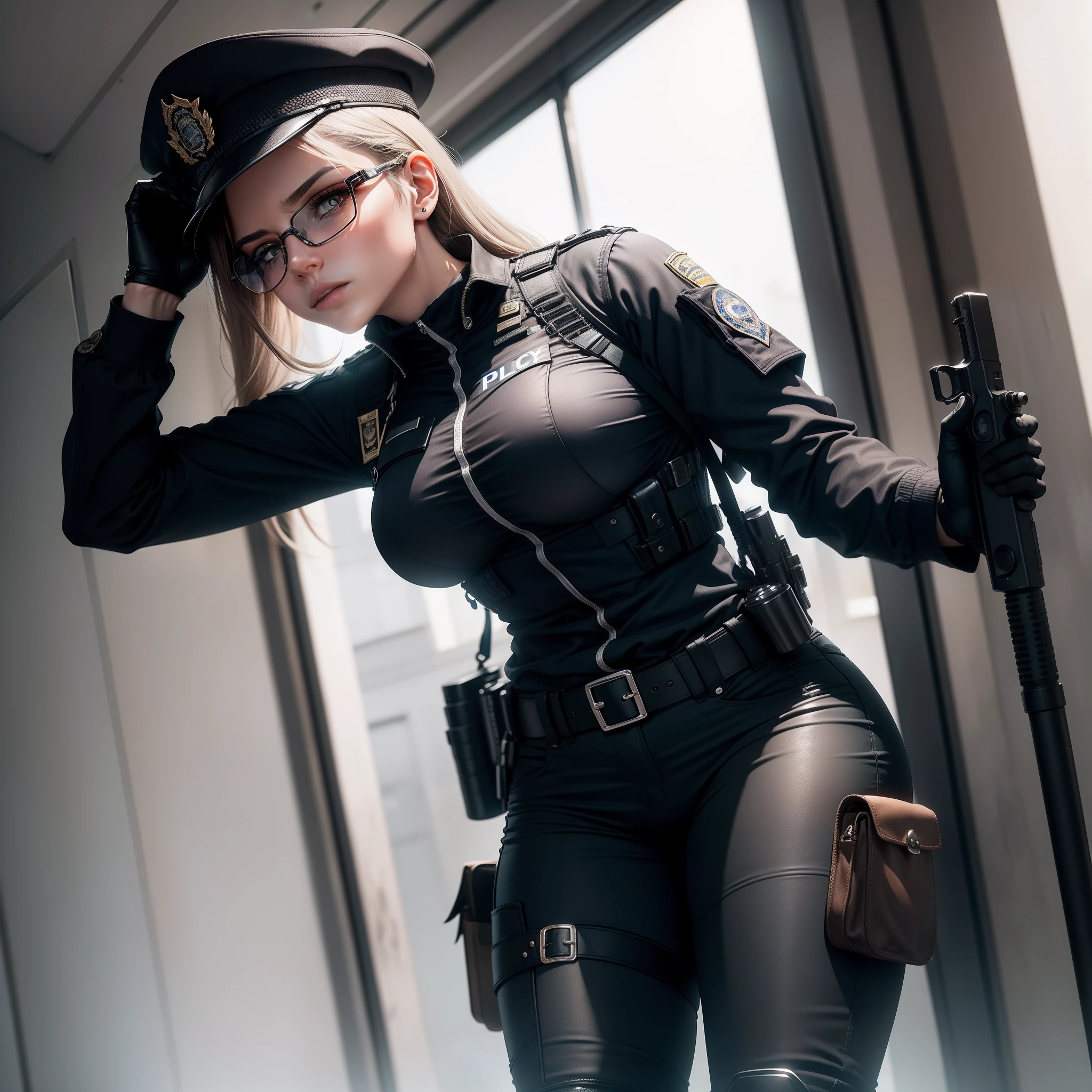 (obra-prima, melhor qualidade: 1.3), feminino, Body fully clothed, black police uniform, black police ballistic vest with breastplate, aviator glasses, black police pants, police belt, black glove on one hand, black police cap, big boobs, holding a gun [colt 1911], hand up, leg closed, has a suspicious look, in a police station