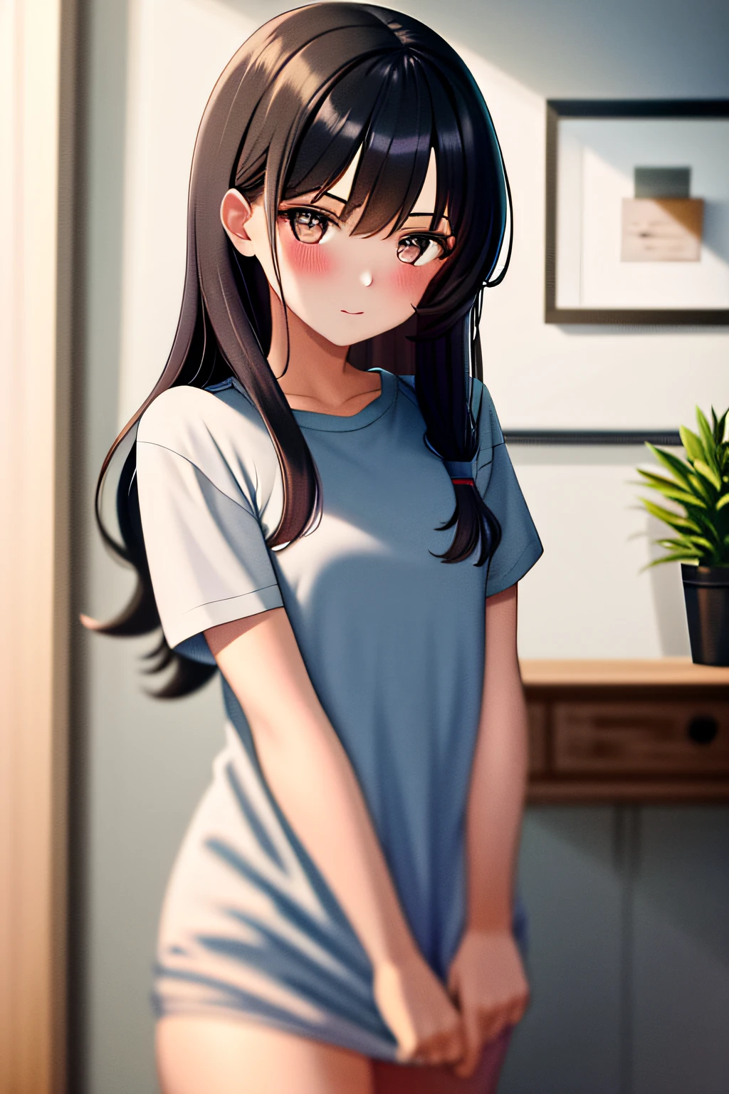 masterpiece, best quality, highres, 1girl, shirt,  ????? shirt, shirt tug