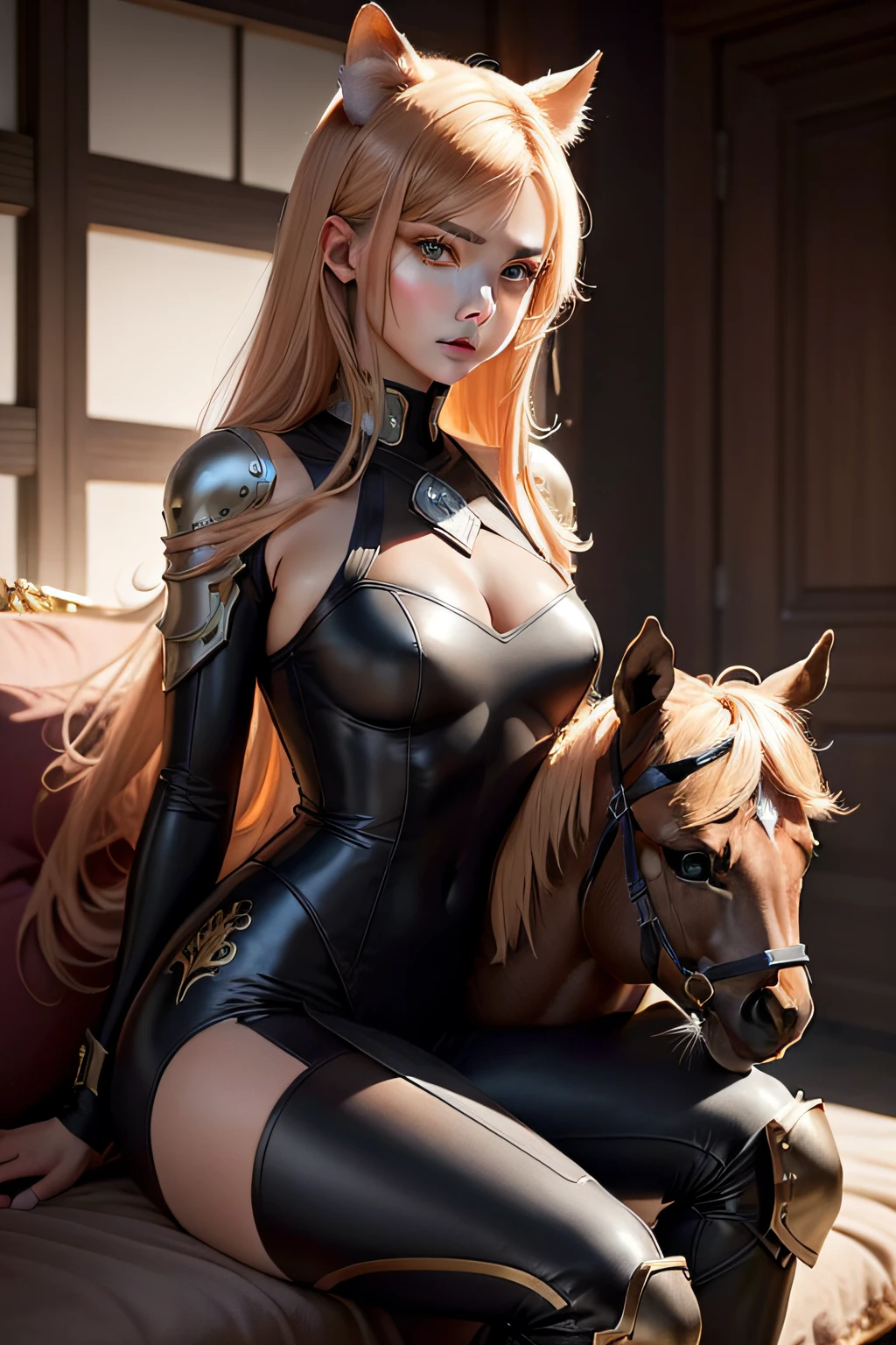 An animal horse，The horse body is brown throughout，Except for the horse's tail，Not much hair is needed，You need a little leopard print on your body，The eyes need to be fierce as much as possible，Then add a red afterimage effect，You don't need to be too big，Try to reflect the slenderness and flexibility of the feline。The armor on the body does not need to be heavy，Soar up，It is necessary to have a sense of strength and explosiveness, and the horse has a horse cushion on it，saddle,ZaUm,Collar，Iron guard，Knee protectors