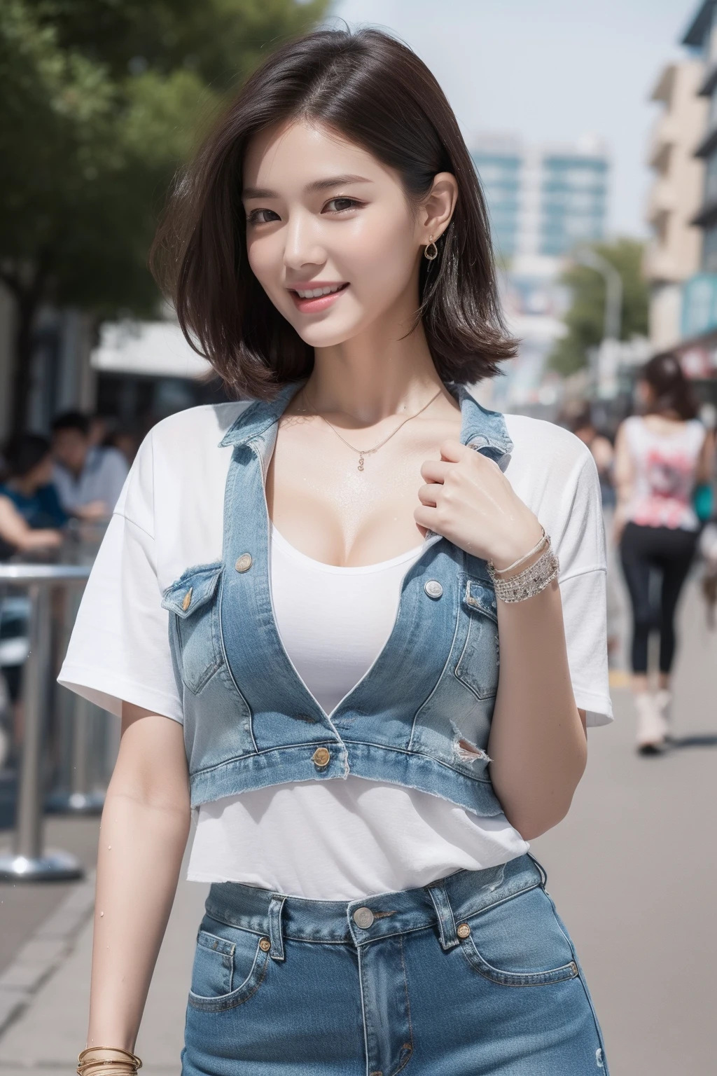 ((Top Quality, 8K, Masterpiece: 1.3)), Sharp Focus: 1.2, Perfect Style, One Beauty, Top Model: 1.2, Waist Constriction, Beautiful Legs, Taut Skin, ((Wet Skin: 1.4)), ((Sweaty: 1.2)), (Upper Body Shot: 1.2), (Reach Here), (Cuddle), Highly Detailed Face and Skin Texture, Detailed Eyes, Double Eyelids, Pale cheeks professional lighting, small necklace, small earrings, bracelets, (layered hairstyle), wet skin, (T-shirt: 0.7)), (wearing a tight skirt), Distressed denim jacket, slip dress, ankle boots, (G cup bust: 0.8), (natural breasts, natural cleavage), (seaside street: 1.2), (shy smile: 1.1)