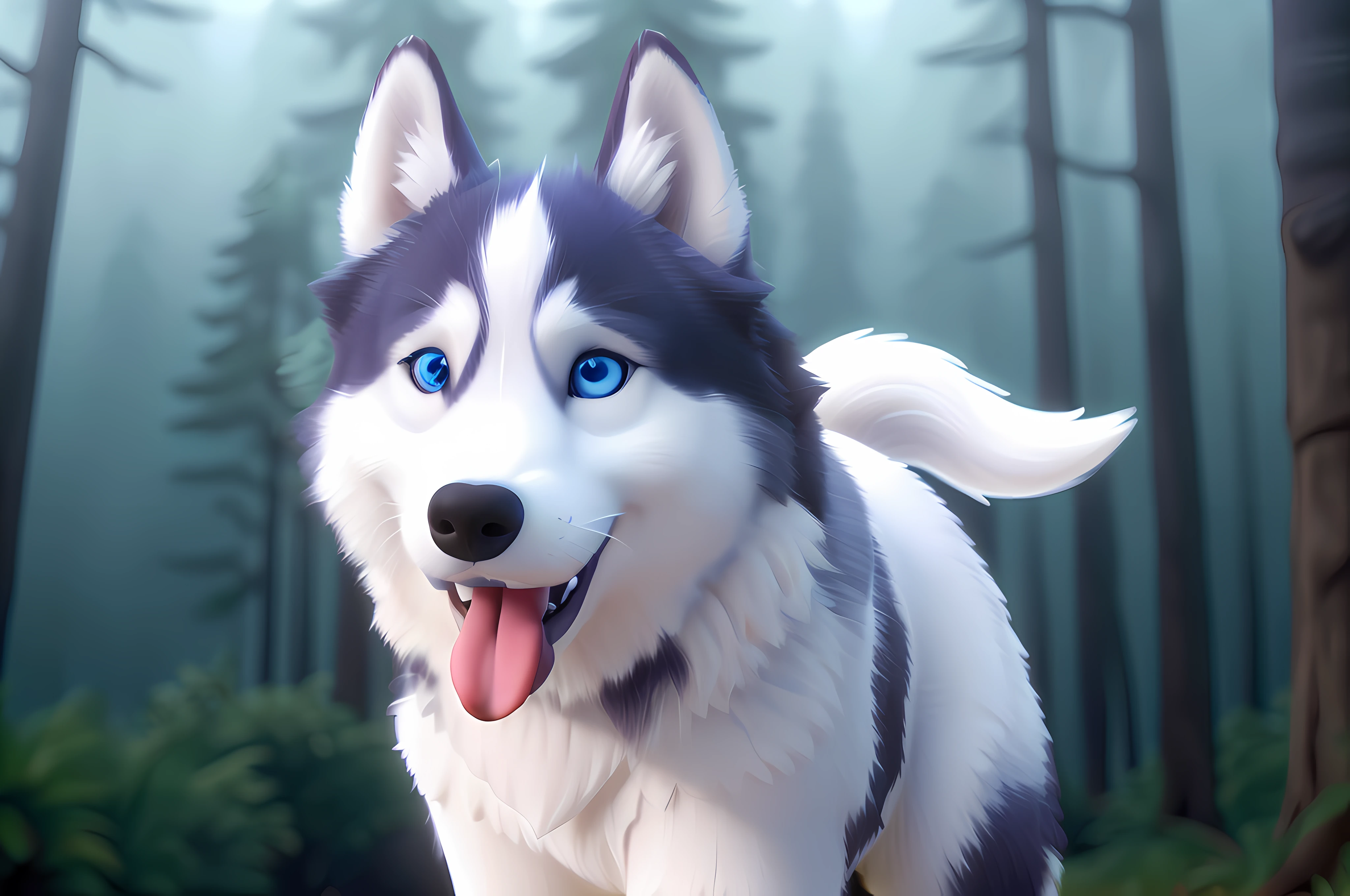 husky siberiano, ojos azules, Orejas puntiagudas, lengua fuera, Pelaje blanco con negro, en un bosque, Fondo del bosque, Ultra detallado, arte, alta calidad,
