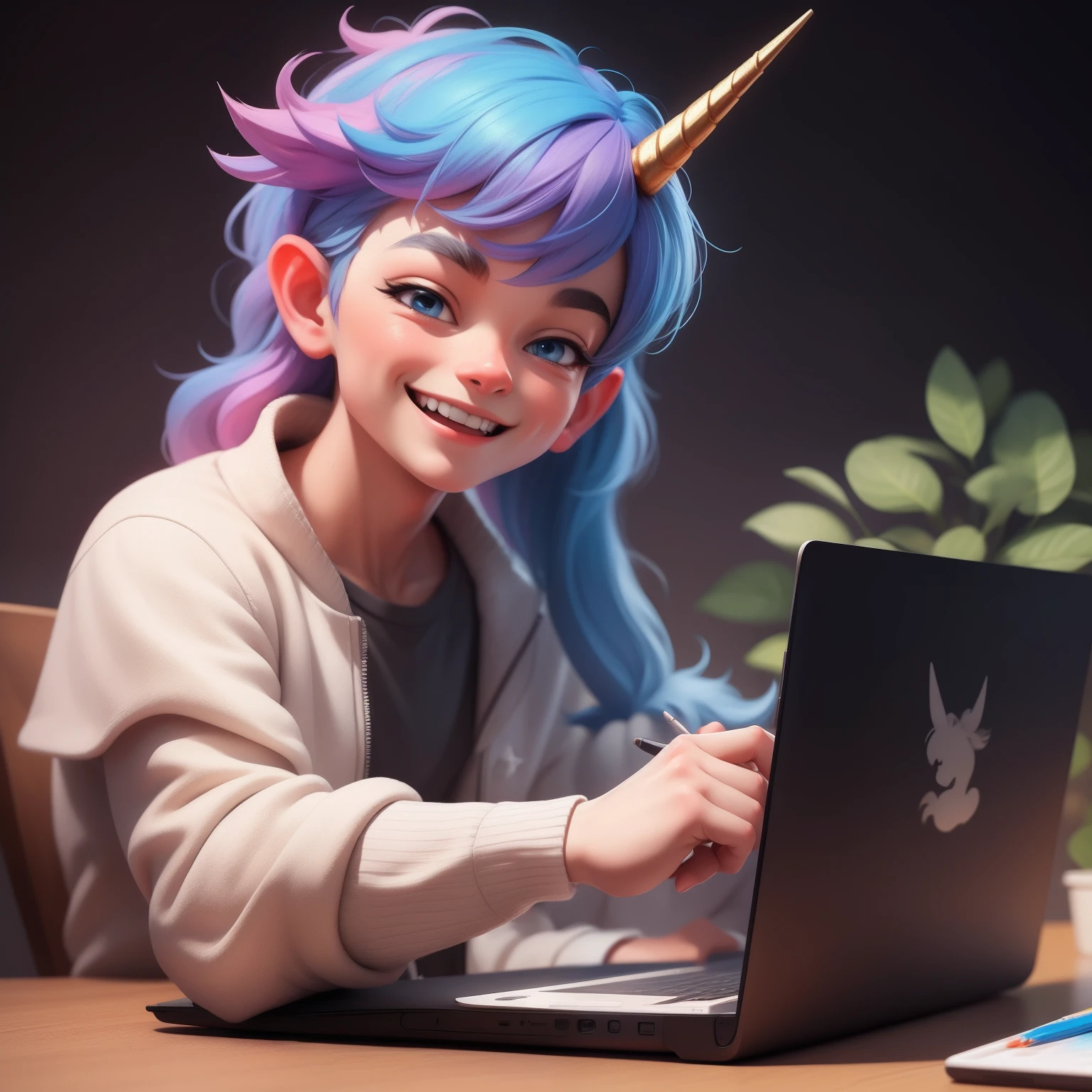 a happy unicorn boy is using computer, painting brush, masterpiece, 3dmm style, stars