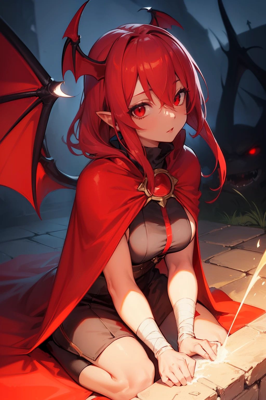 anime style,(RAW photo, 4k, masterpiece, high resolution, extremely complex) (realistic: 1.4),(Bandage wrapped around head covering one eye),(pointed ear),(big red bat wings), cinematic lighting , (((a half-vampire female character))), Ground Focus, (night), fog, medieval\(Style\), ( Best Quality ), (Highres),(dark skin tone) (short red hair),( big flowing red cape),(red and black clothing covering whole body),(8k expressionless face),(Red eyes),(ulzzang-6500:1.0),(solo),(spectators),(penetrate gaze),( side),(mysterious catacomb environment),((speed)),(reality),