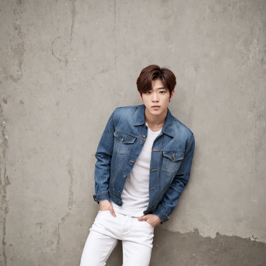 Alafed male model in white jeans and denim jacket leaning against wall, Korean Male, Jinyoung Shin, korean muscle boy 2 1 years old, model with attractive body, Cai Xukun's, taejune kim, male model, siwoo kim, inspired by Joong Keun Lee, Hyuntae, inspired by jeonseok lee, sun-hyuk kim, with abs