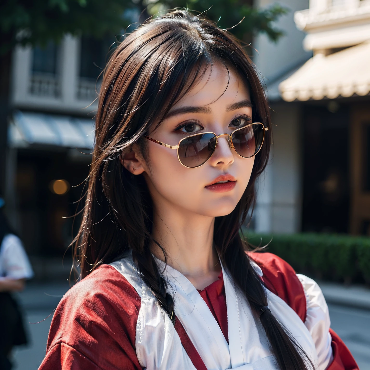 Girl in TRADITIONAL dress And Black Sunglasses , hyper realistic Detailed high quality image