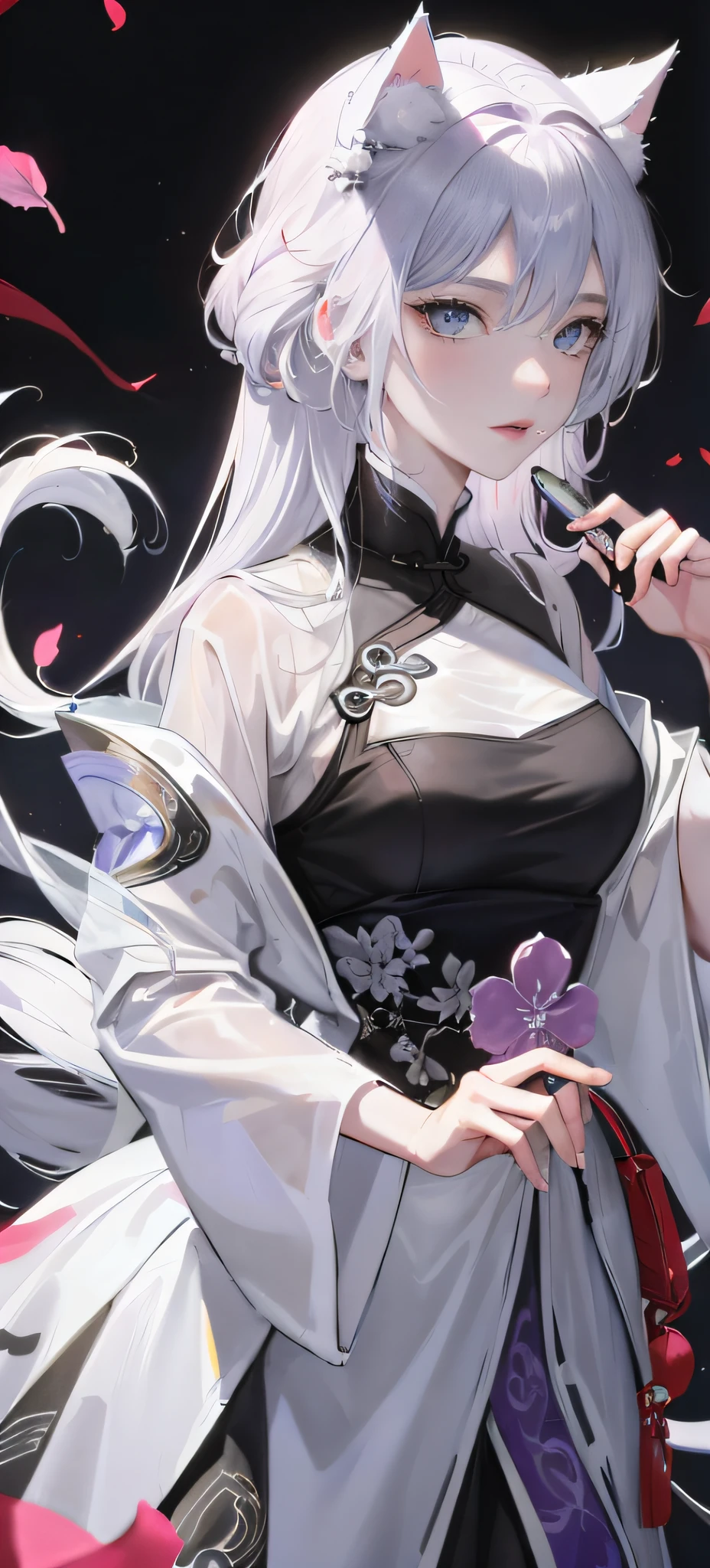 Masterpiece, Best, Night, Full Moon, 1 Female, Mature Woman, Chinese Style, Ancient China, Elder Sister, Royal Sister, Cold Face, Expressionless, Silver White Long Haired Woman, Pale Pink Lips, Calm, Intellectual, Three Belts, Red Lan Yitong, Assassin, Short Knife, Flower Ball Background, Street View Masterpiece, Best, Night, Full Moon, 1 Female, Mature Woman, Chinese Style, Ancient China, Sister, Royal Sister, Cold Face, Expressionless, Silver White Long Hair Woman, pale pink lips, calm, intellectual, three belts, gray pupils, assassin, dagger, flower ball background, street view, white-haired catwoman, Hanfu, cat ears, nine cat tails, fairy air