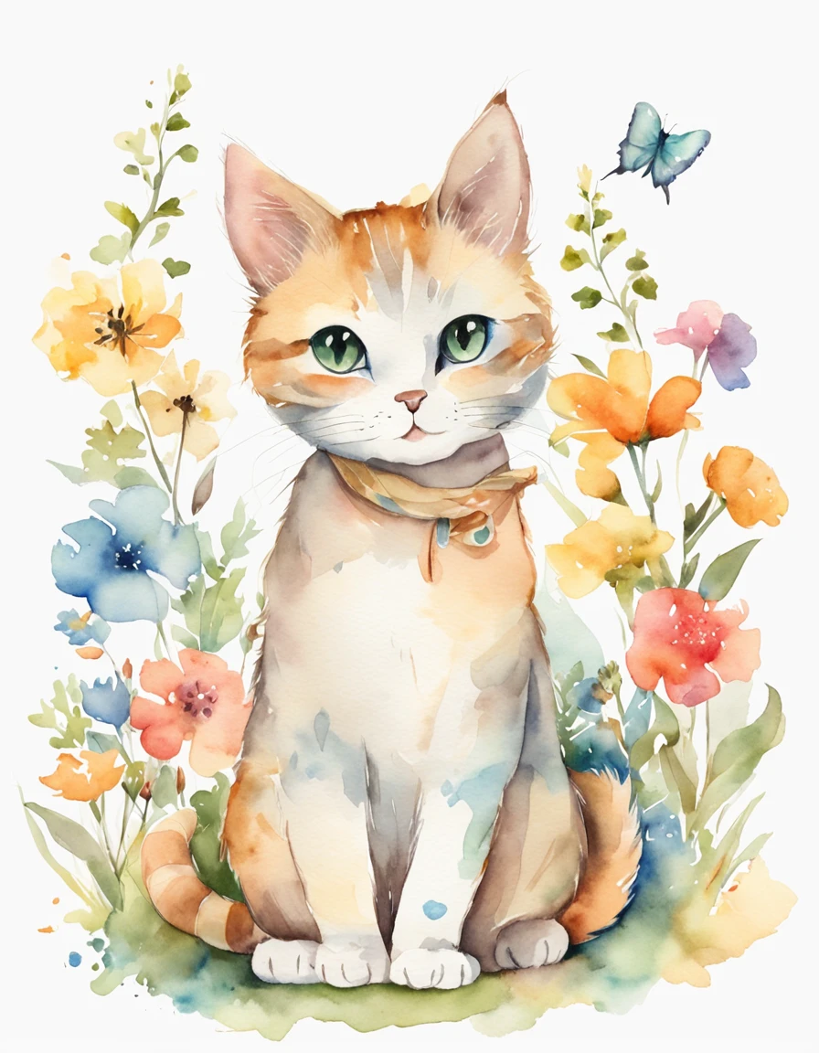 cat, fullbody,1 girl,
(pastel color:1.5),(cute illustration:1.5),(watercolor:1.2),white back ground,